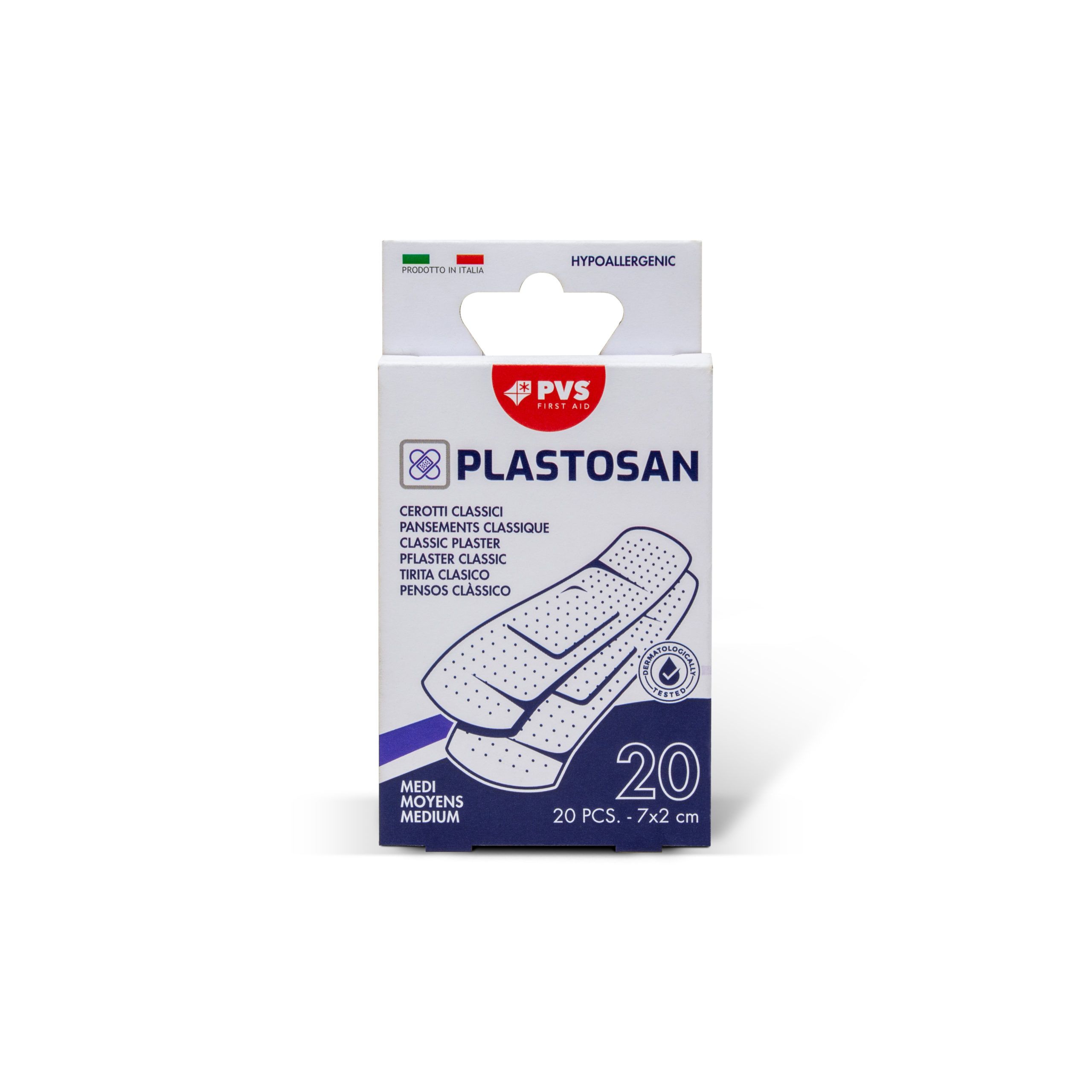 Verpackung mit 20 hypoallergenen Pflastern, 7x2 cm.