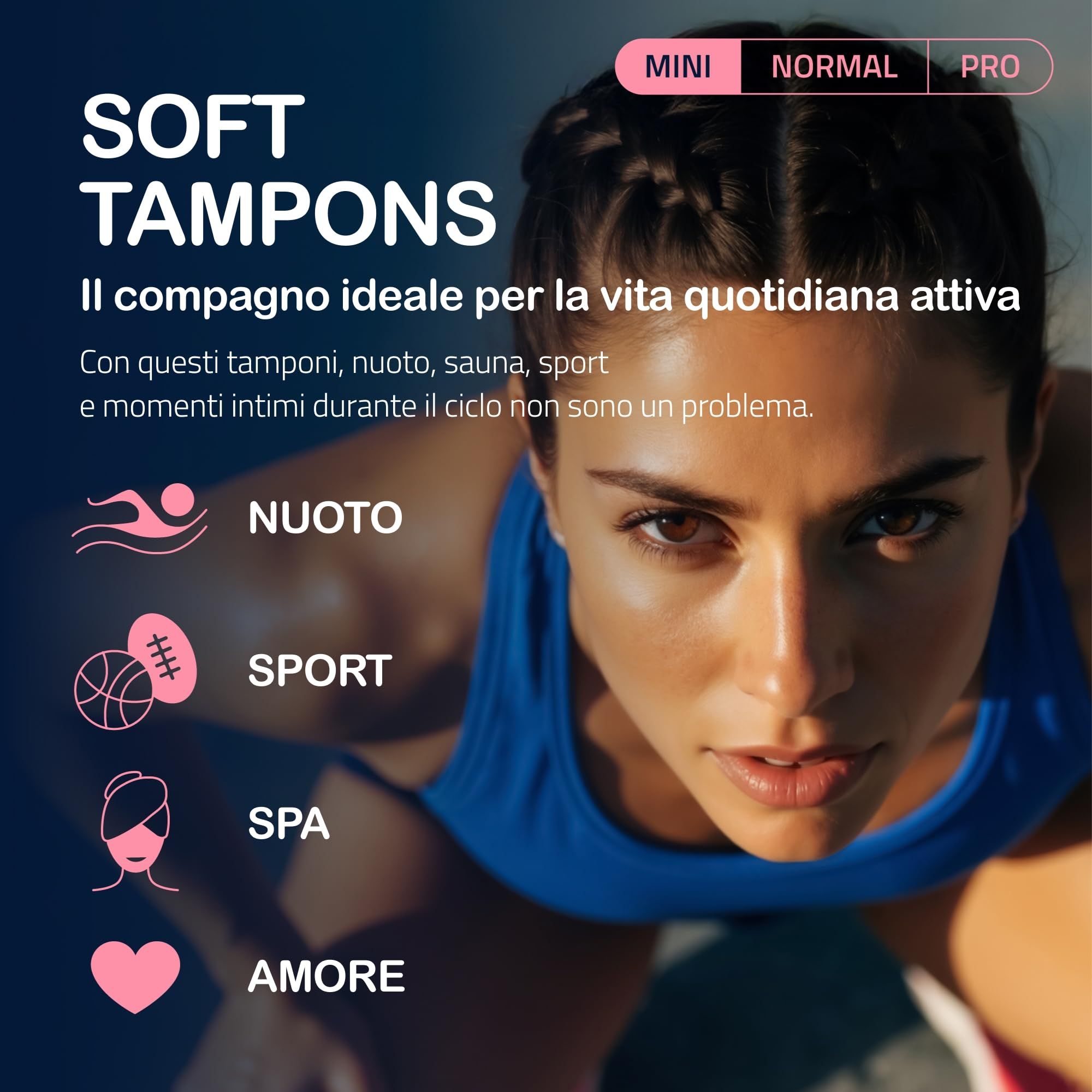 Frau beim Sport, MY.SIZE Woman Soft Tampons Mini. Icons für Schwimmen, Sport, Spa, Liebe. Produkt im Vordergrund.