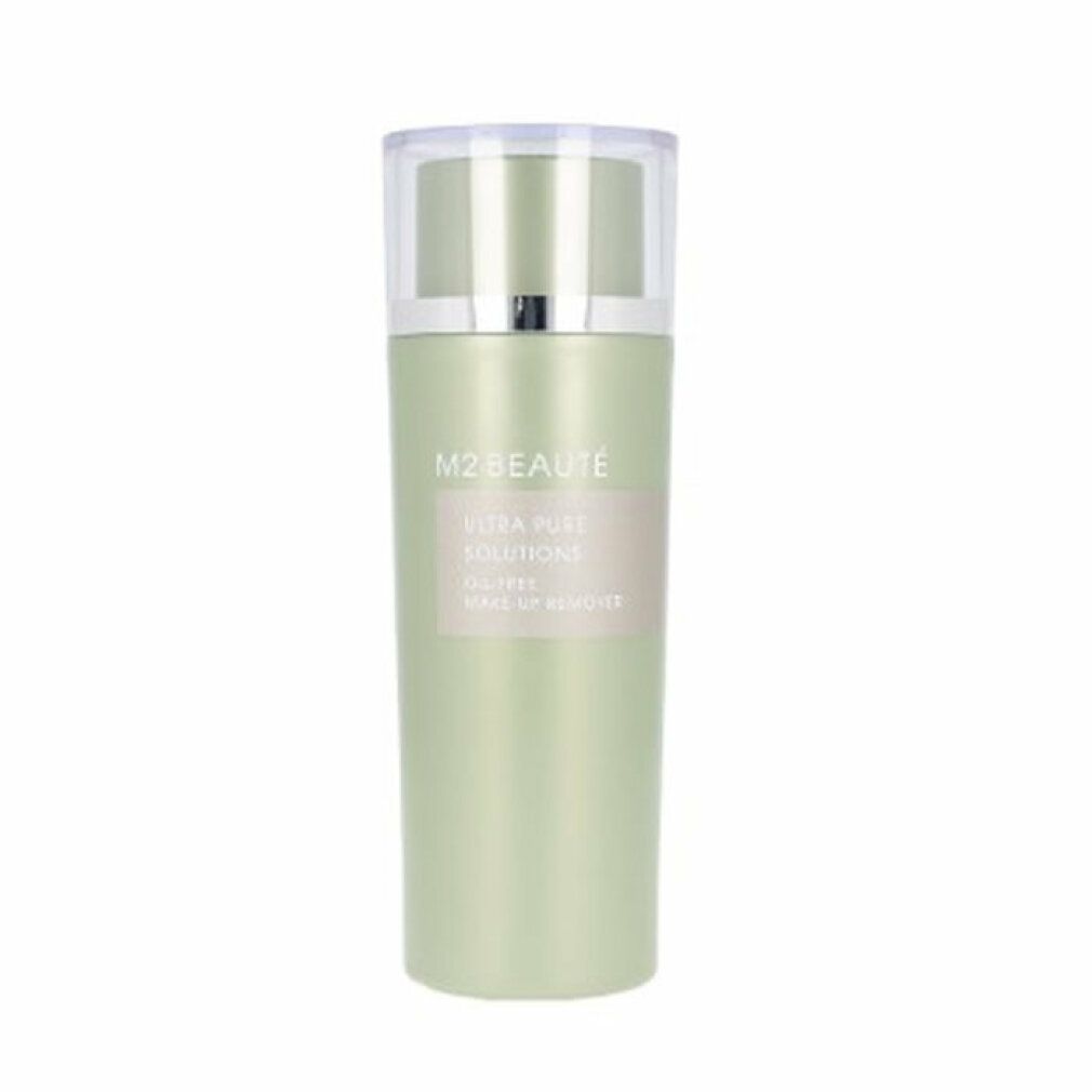 Grüne, zylindrische Flasche mit transparentem Deckel. Etikett mit M2 Beauté, Ultra Pure Solutions, Oil-Free Make-Up Remover.