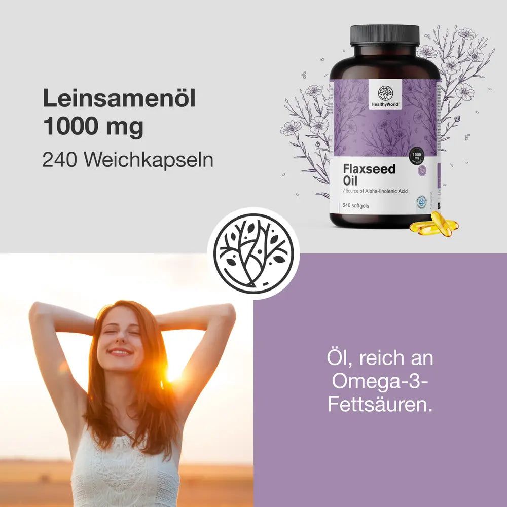 Flaschenetikett mit Leinsamenöl 1000 mg, 240 Weichkapseln. Daneben eine Flasche mit Leinsamenöl und drei Weichkapseln.