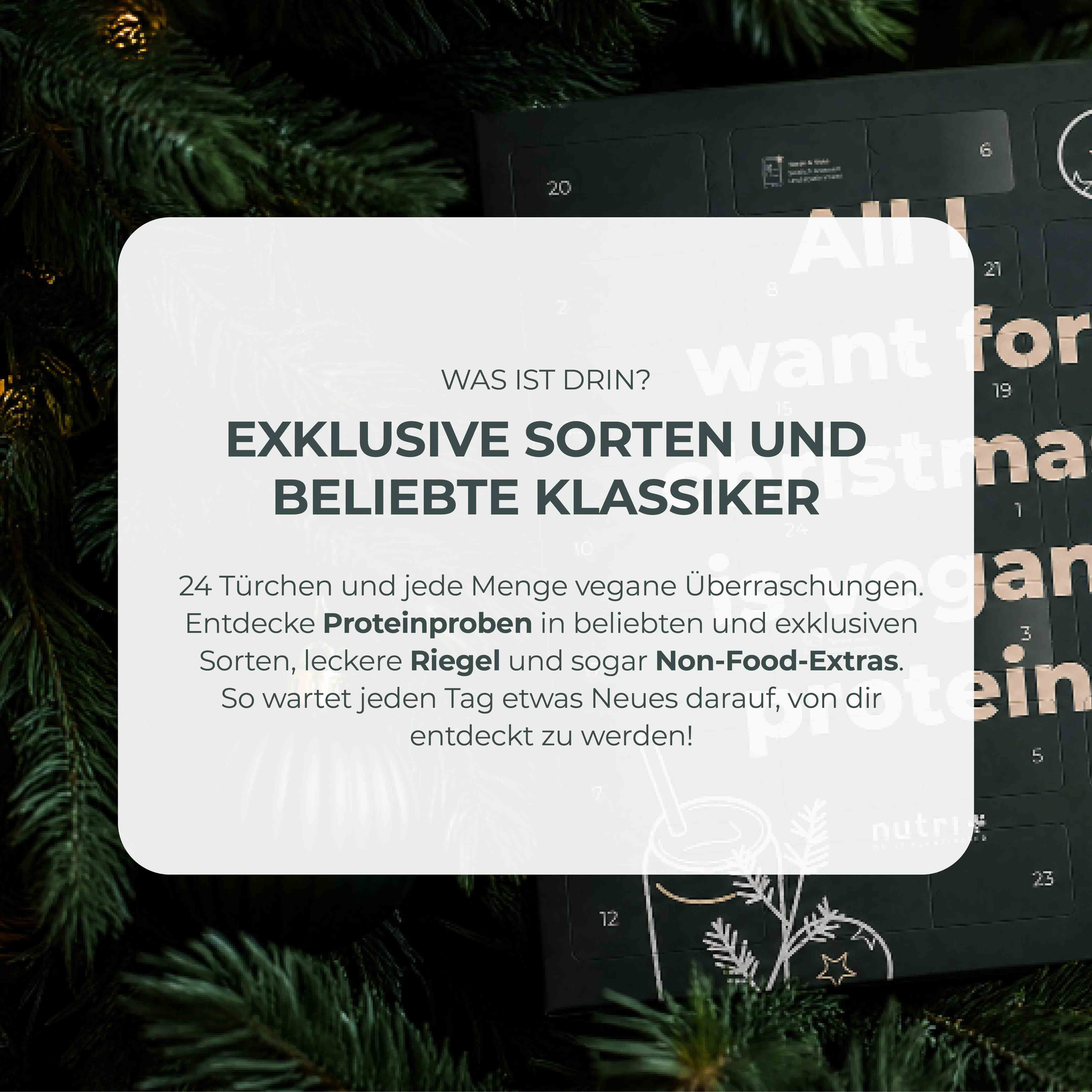 Textfeld mit Informationen zu einem Adventskalender: Exklusive Sorten und beliebte Klassiker, 24 vegane Überraschungen.