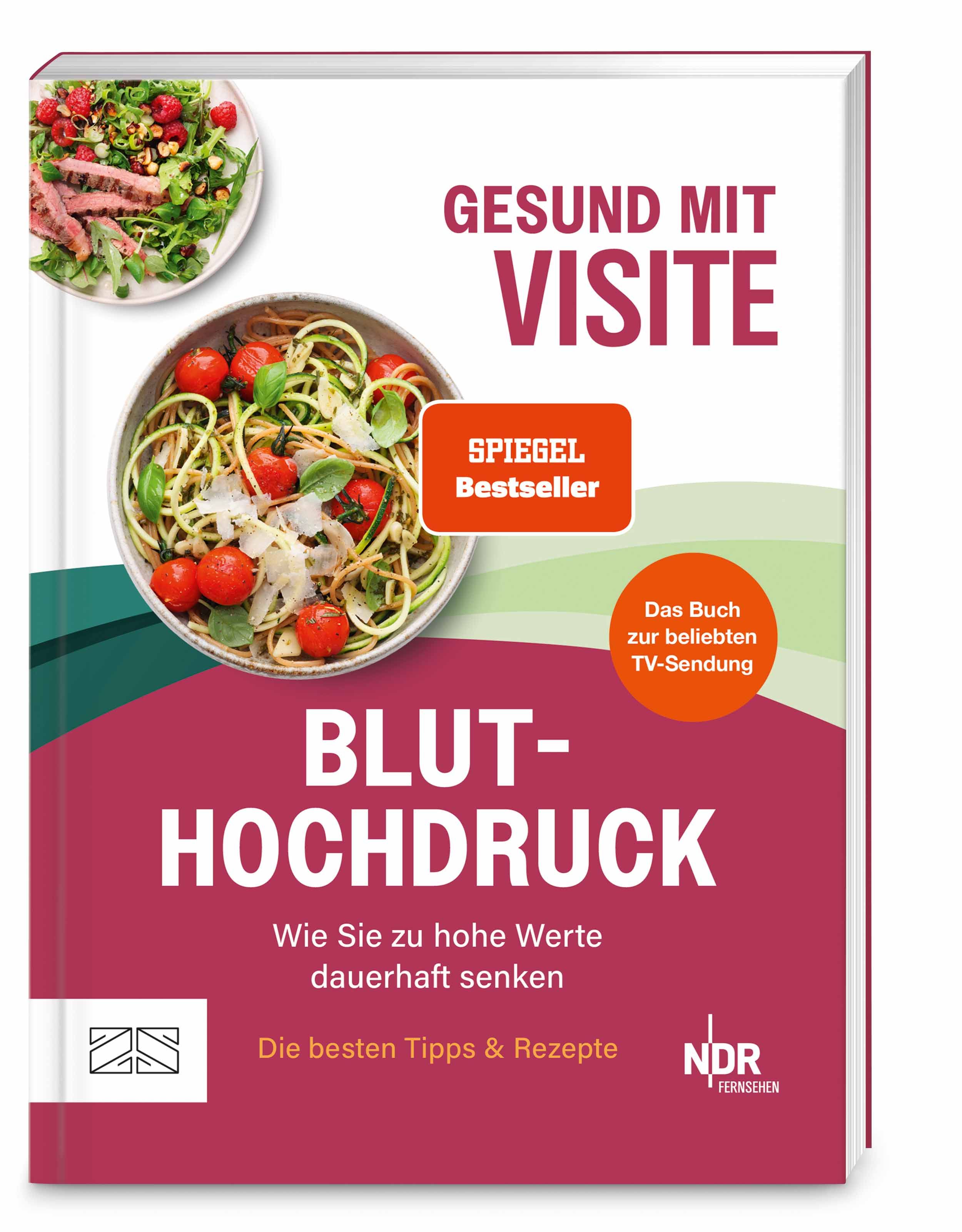 Buchcover: Gesund mit Visite – Bluthochdruck. Titel, Untertitel, Spiegel Bestseller. Mit Abbildungen von Speisen.