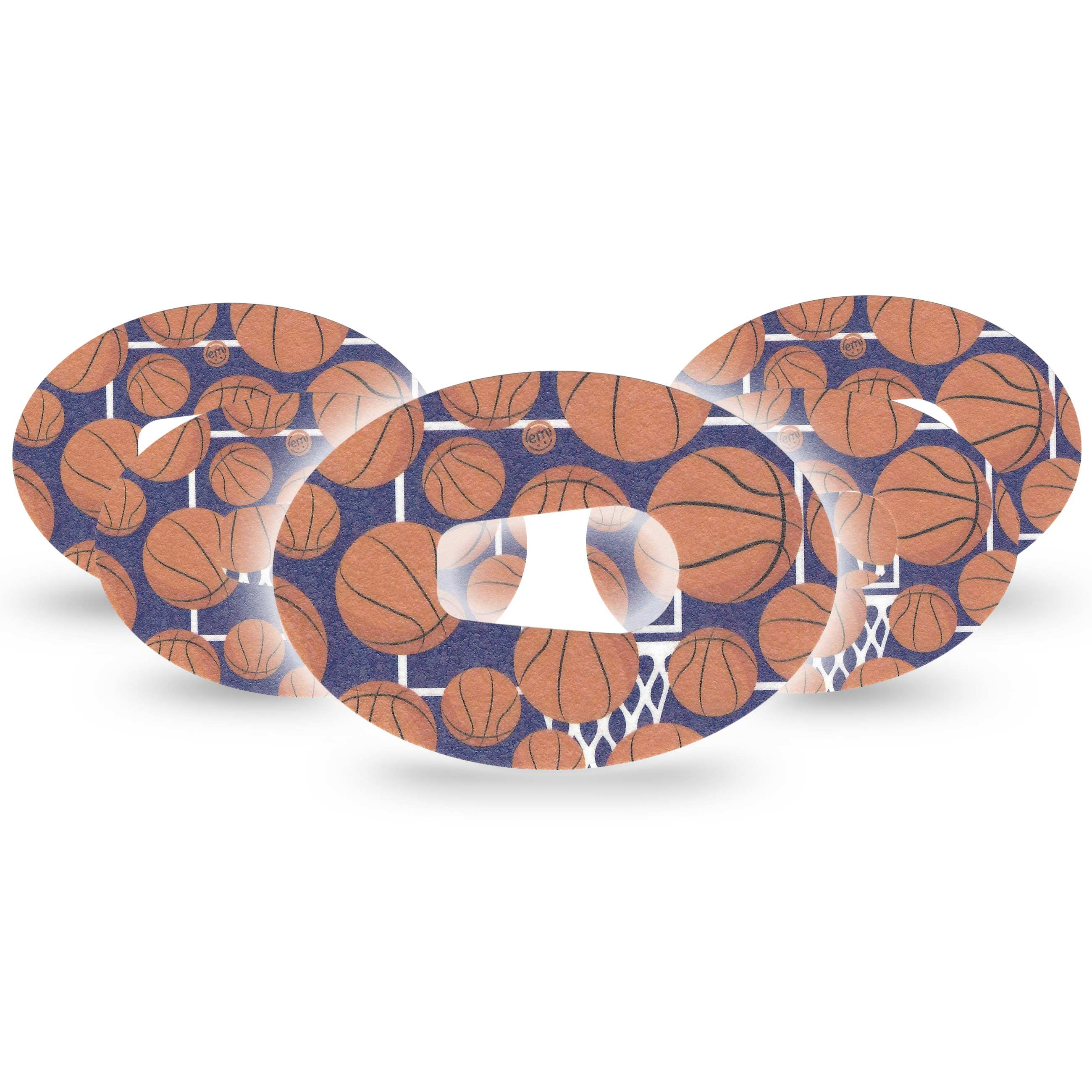 Mehrere ovale Pflaster mit Basketball-Muster und Aussparung. Blaue Grundfarbe mit Basketball-Motiven. Weißer Aufdruck eines Basketballkorbs.