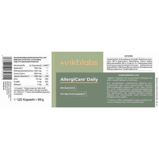 Etikett mit AllergiCare® Daily. Inhaltsstoffe, Verzehrempfehlung. Aufschrift: Quercetin, Für das Immunsystem. 120 Kapseln.