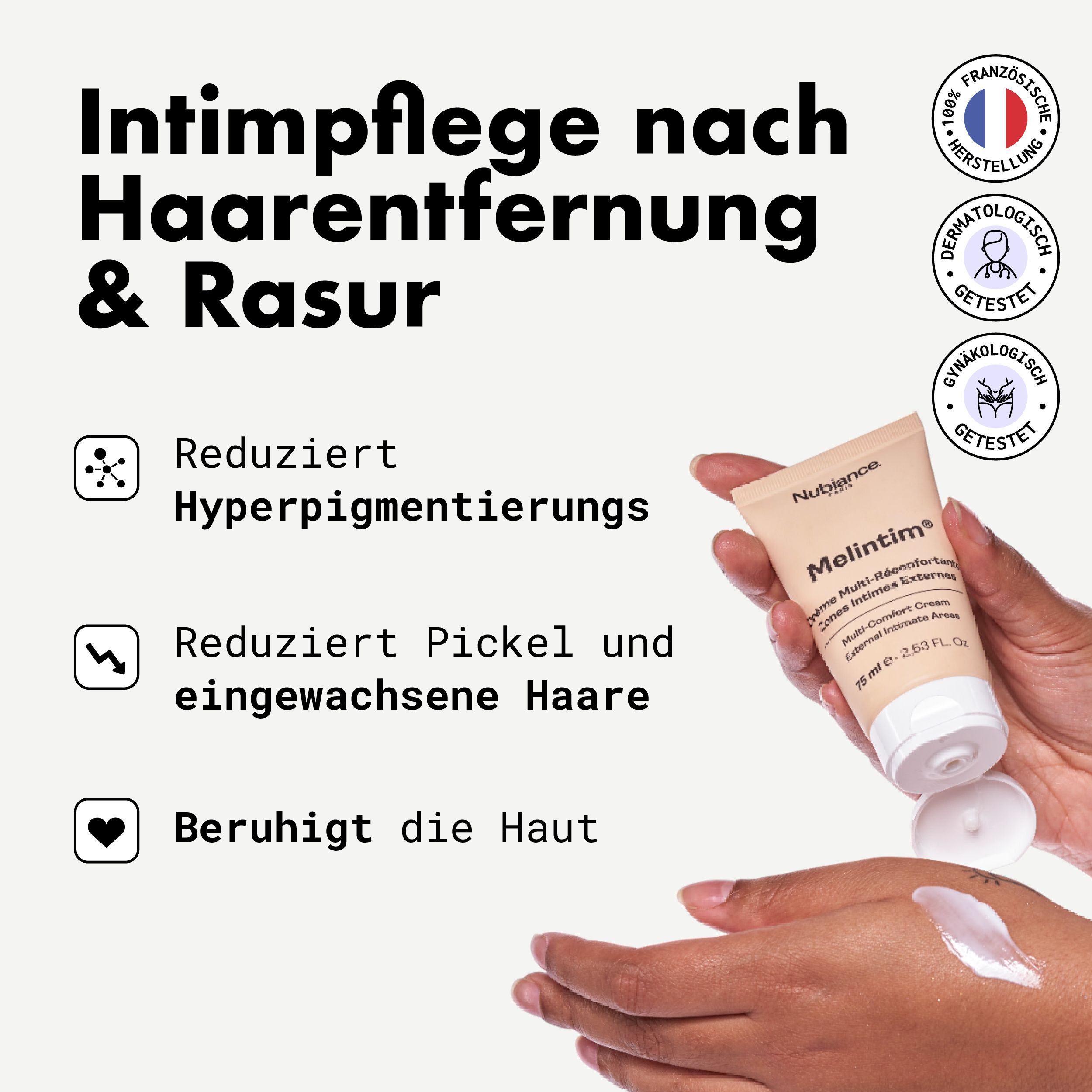 Produkt-Tube in Hand. Text: Reduziert Hyperpigmentierung, Pickel, beruhigt die Haut. Produktname: Melintim.