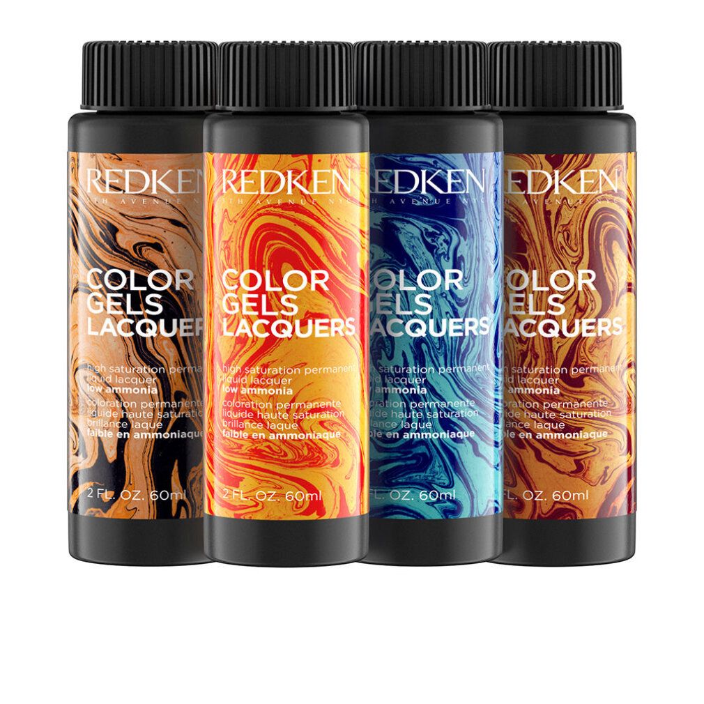 Vier Flaschen COLOR GELS LACQUERS. Schwarze Deckel, farbige Etiketten mit Text und Muster. 60 ml.