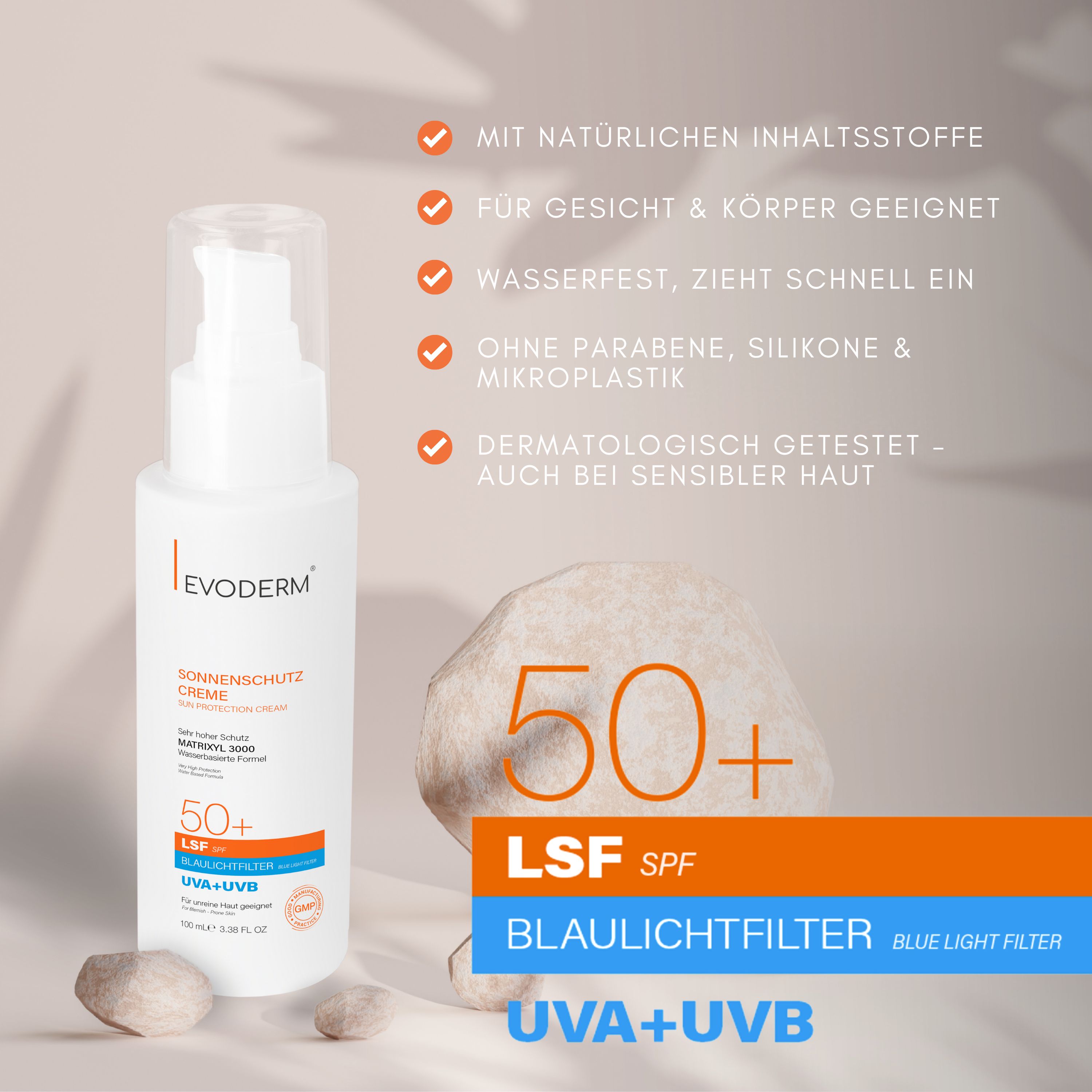 Sonnencreme-Flasche neben Stein. Text: LSF 50+, Blaulichtfilter, UVA+UVB. Eigenschaften aufgelistet.