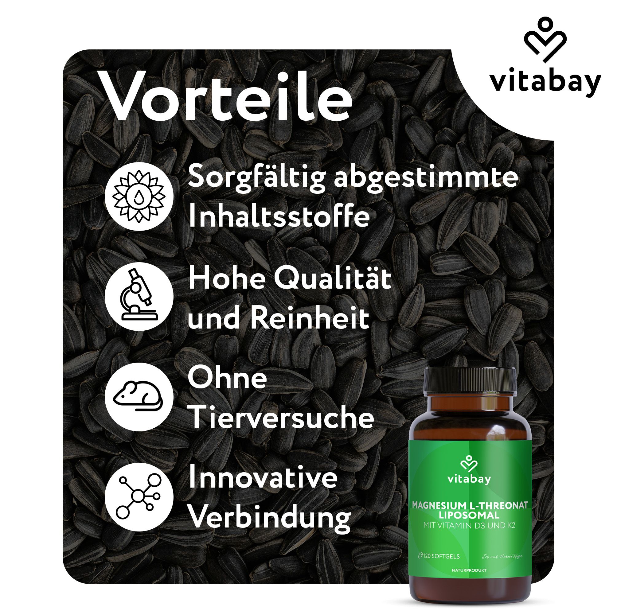 Eine braune Flasche mit grünem Etikett vor Sonnenblumenkernen. Aufschrift: Magnesium L-Threonat Liposomal, Vitamin D3 und K2. Vorteile.