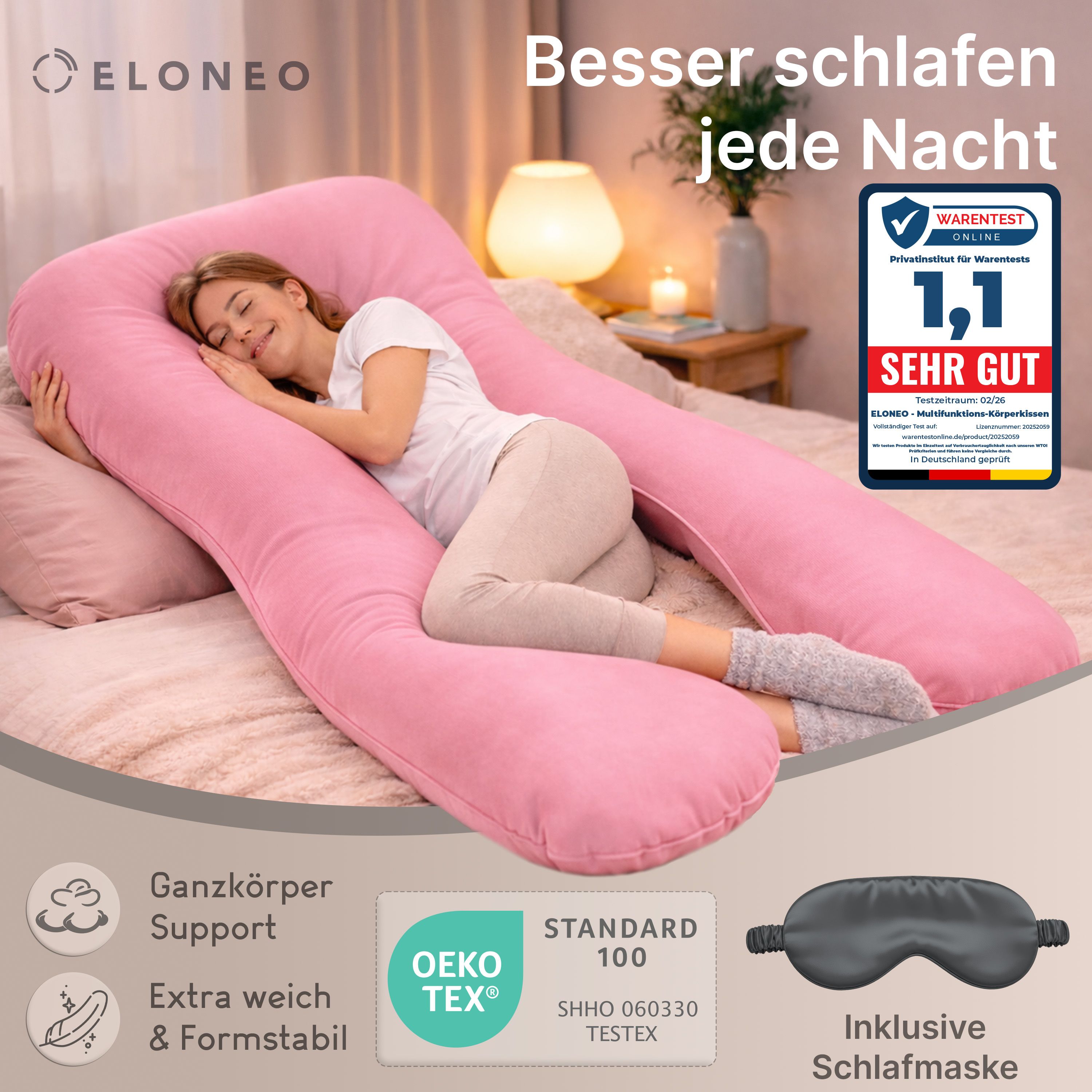 Multifunktions-Körperkissen mit Schlafmaske, Rosa