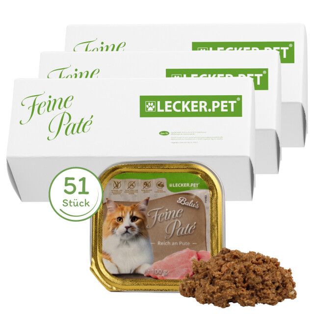 Mehrere Packungen Katzenfutter mit "Feine Paté" und "LECKER.PET" Logo. Eine Dose geöffnet mit Futter daneben. 51 Stück.