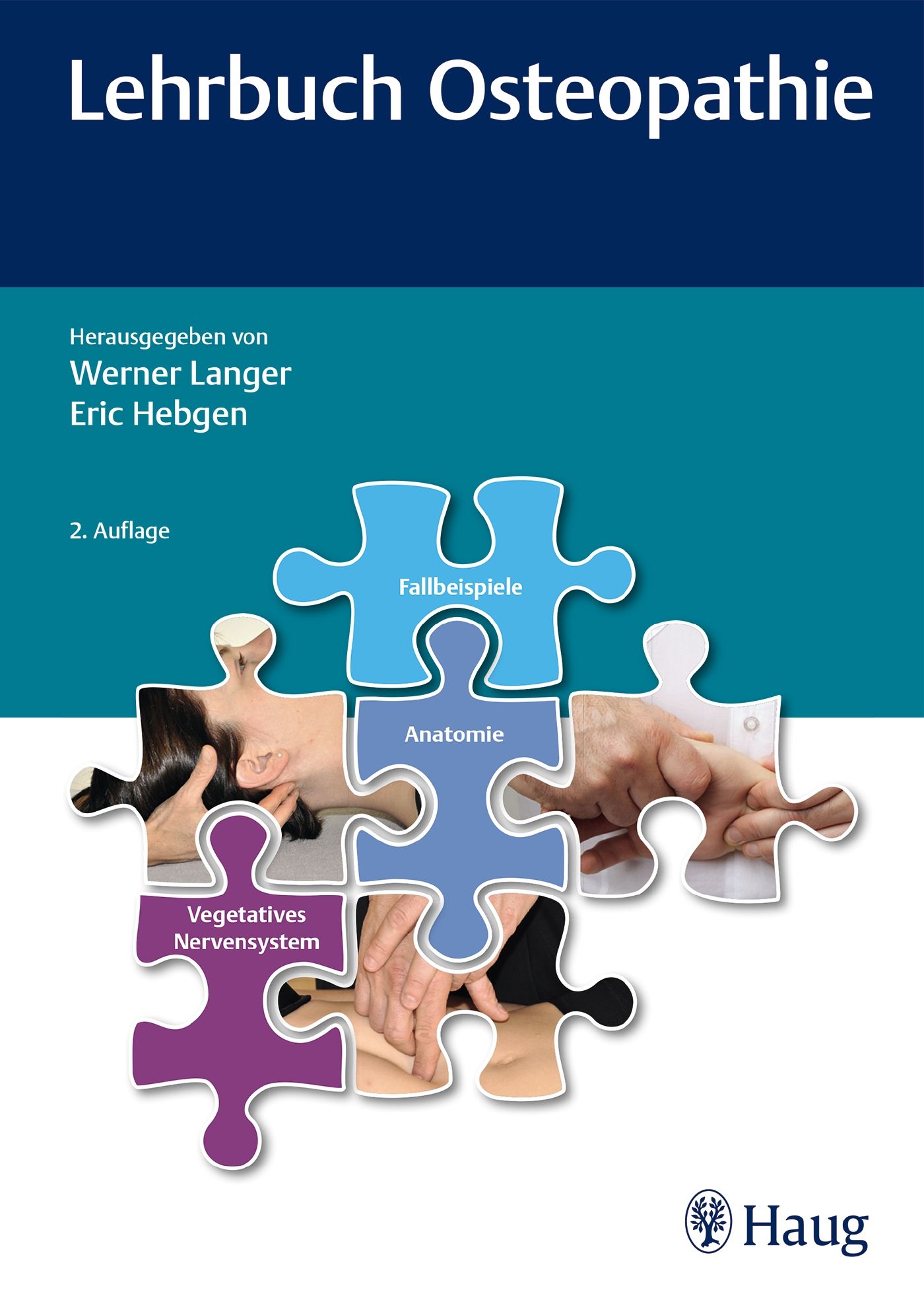 Buchcover mit Titel "Lehrbuch Osteopathie". Herausgeber: Werner Langer, Eric Hebgen. 2. Auflage. Puzzle-Grafik mit medizinischen Illustrationen.