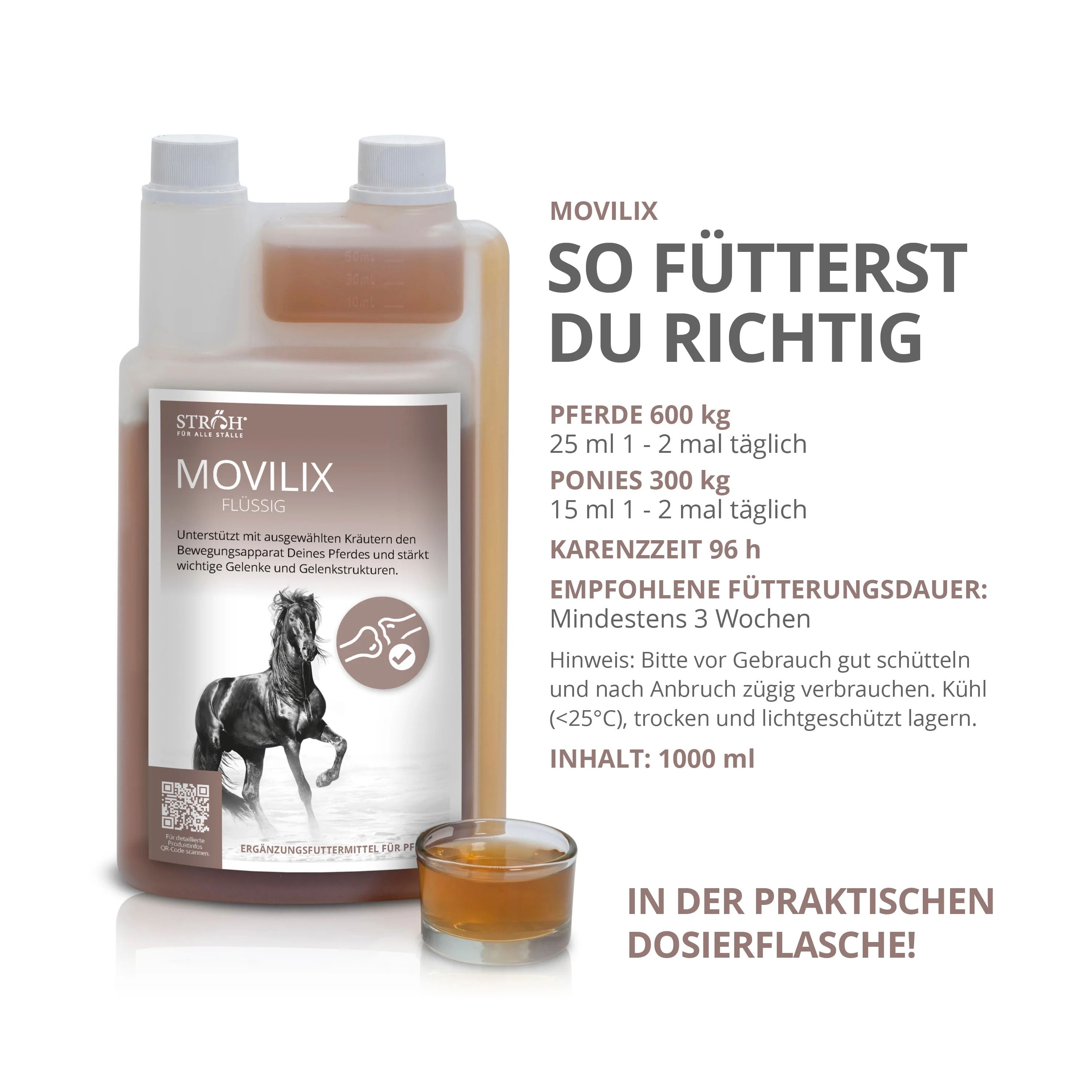 MOVILIX Flüssig Flasche mit Produkt und Becher. Text über Fütterungsempfehlung und Inhaltsangaben. 1000 ml.