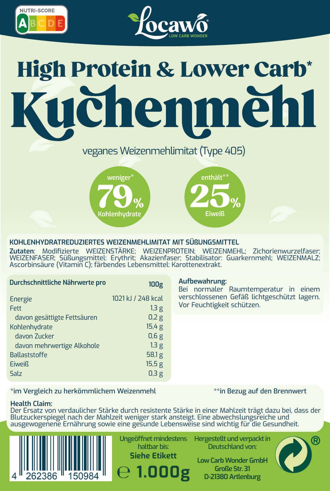 Rückseite der Locawo Kuchenmehl Verpackung. Enthält Nährwertangaben und Inhaltsstoffe. Mit Logo und Text: High Protein & Lower Carb Kuchenmehl.