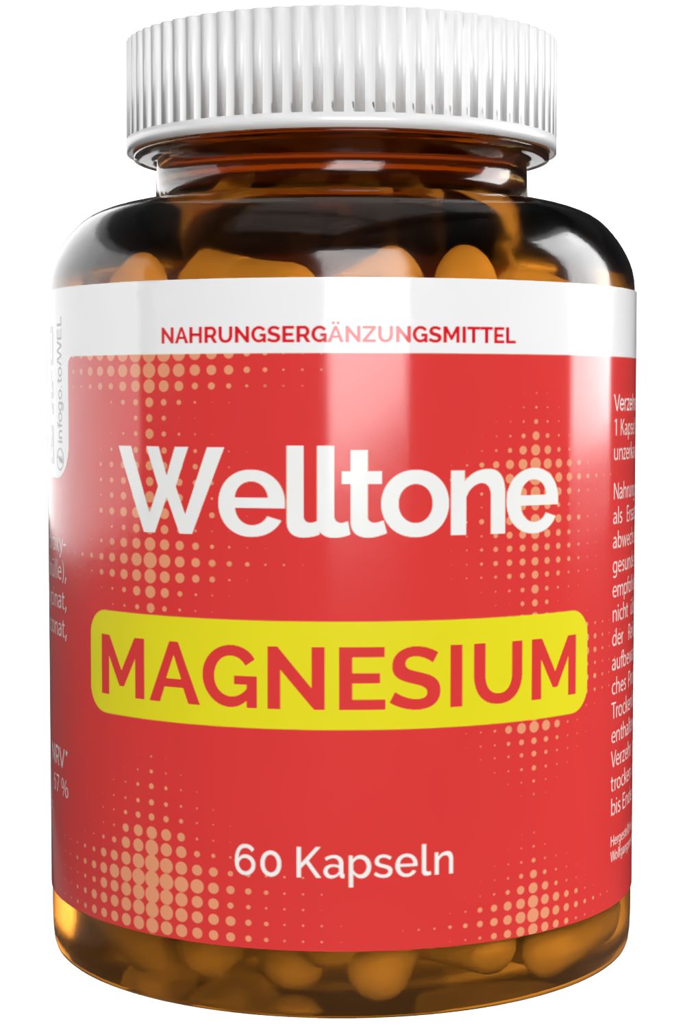 Braune Kapseln in einer transparenten Flasche mit weißem Deckel. Rotes Etikett mit "Welltone Magnesium" und "60 Kapseln".