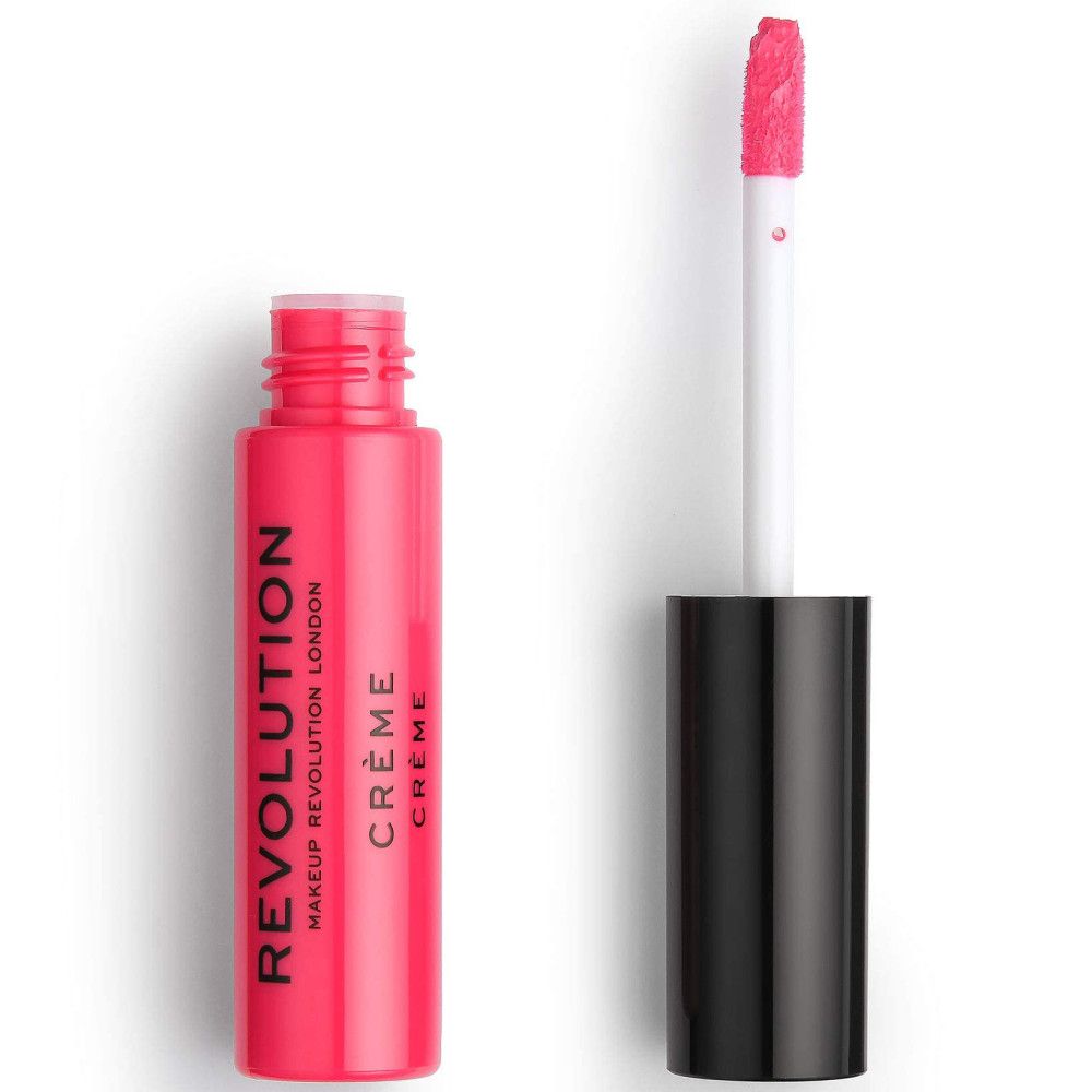 Geöffnete Lippenstift-Tube. Pinke Farbe. Schwarzer Deckel. Applikator mit pinker Spitze.