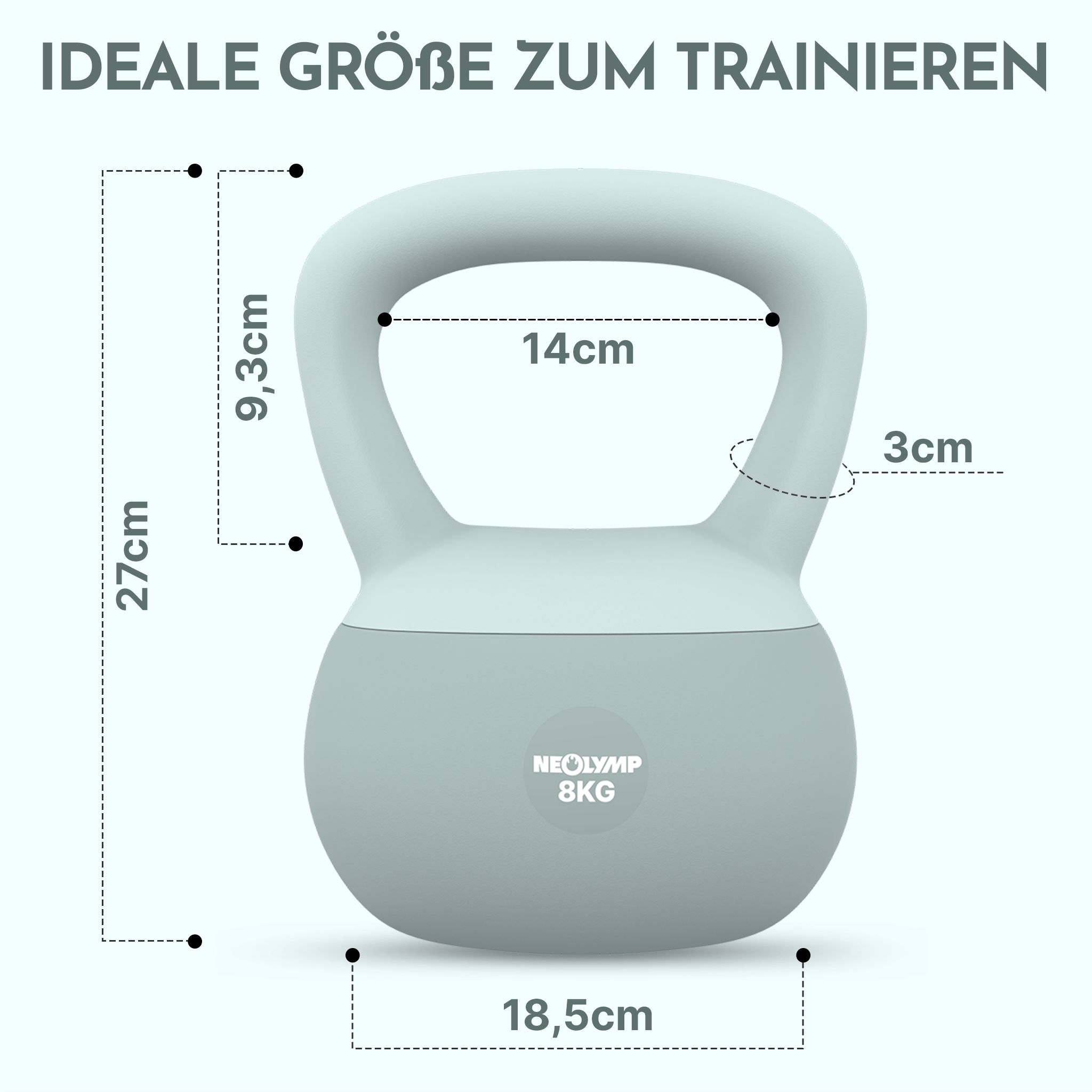 NEOLYMP Kettlebell 8 kg. Maße: 27cm Höhe, 18,5cm Breite, 14cm Griffbreite, 9,3cm Griffhöhe, 3cm Griffdicke.