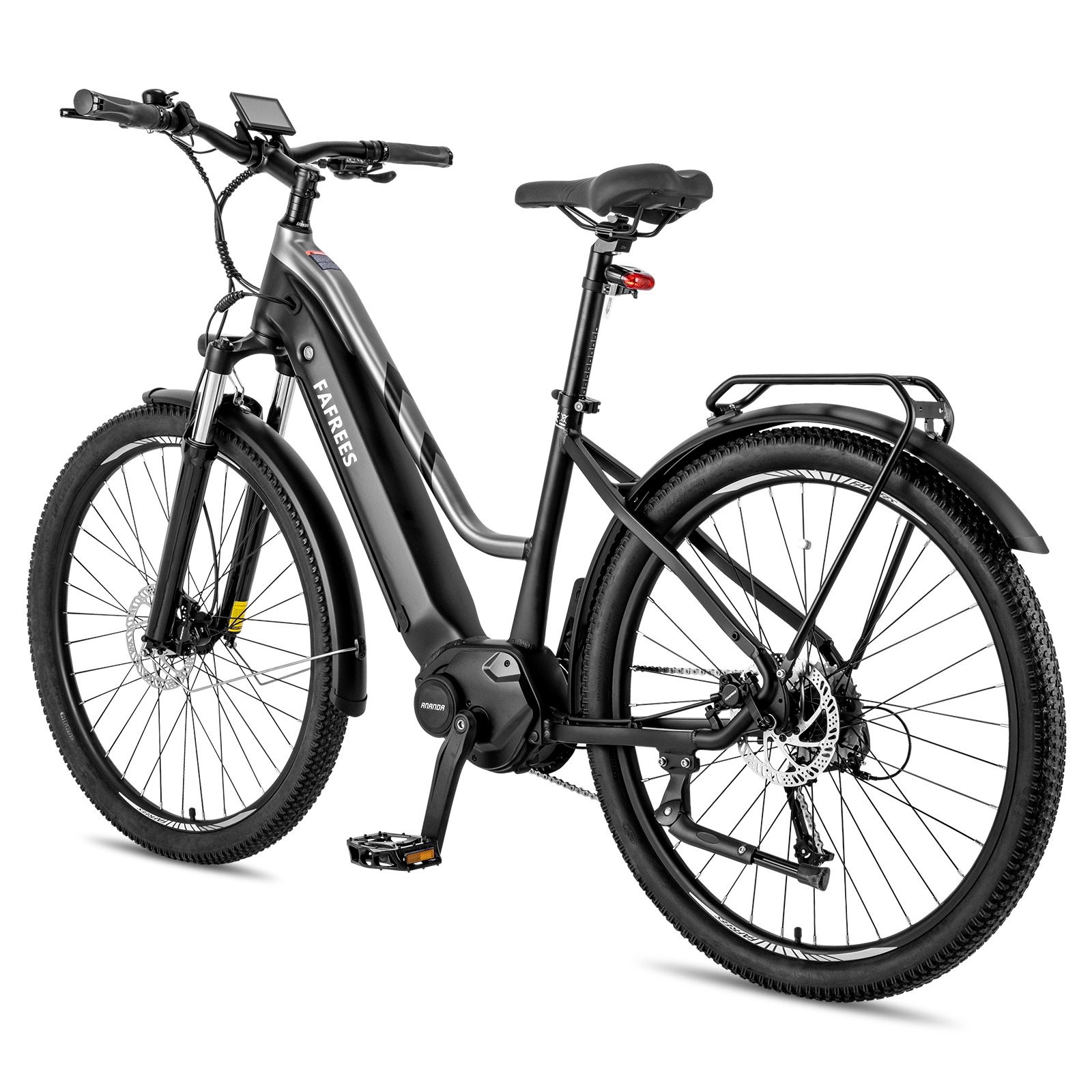 Schwarzes E-Bike mit Mittelmotor. FAFREES-Logo am Rahmen. Gepäckträger, Schutzbleche und schwarze Reifen.