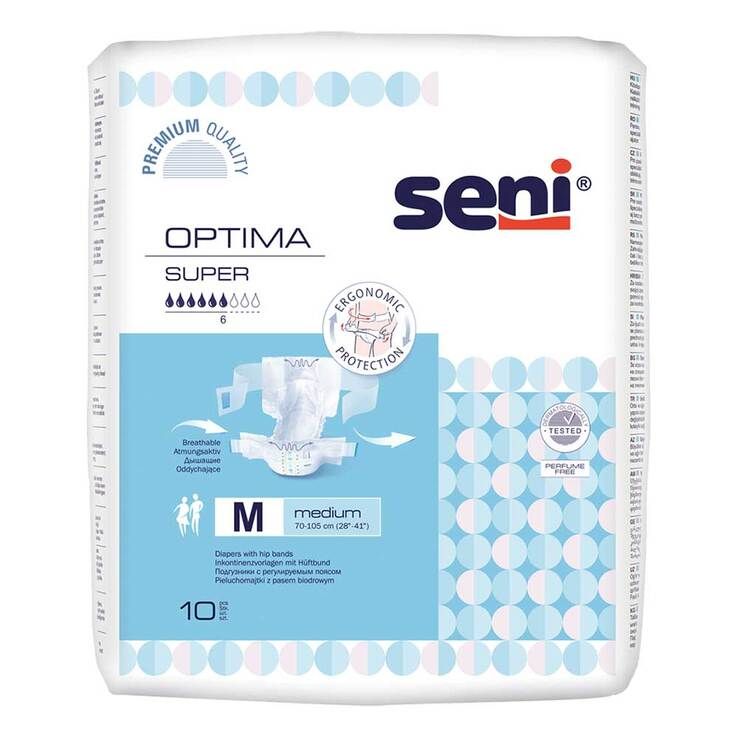 Verpackung Seni Optima Super Inkontinenzvorlagen. Weiße Vorlagen mit Hüftbund, Größe M. Blaue und weiße Verpackung mit Produktinformationen.