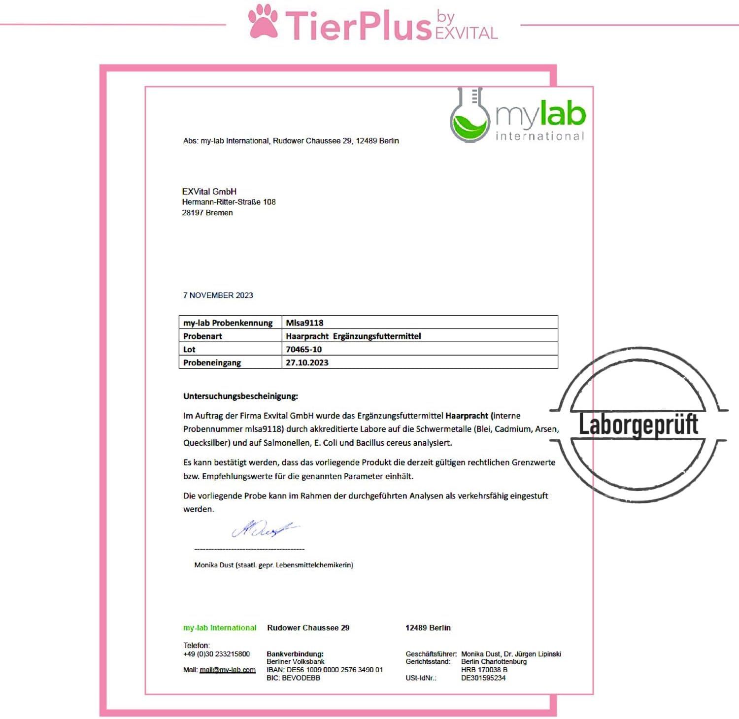 Dose TierPlus Haarpracht Tabletten mit Hundegesicht und Liste der Inhaltsstoffe.