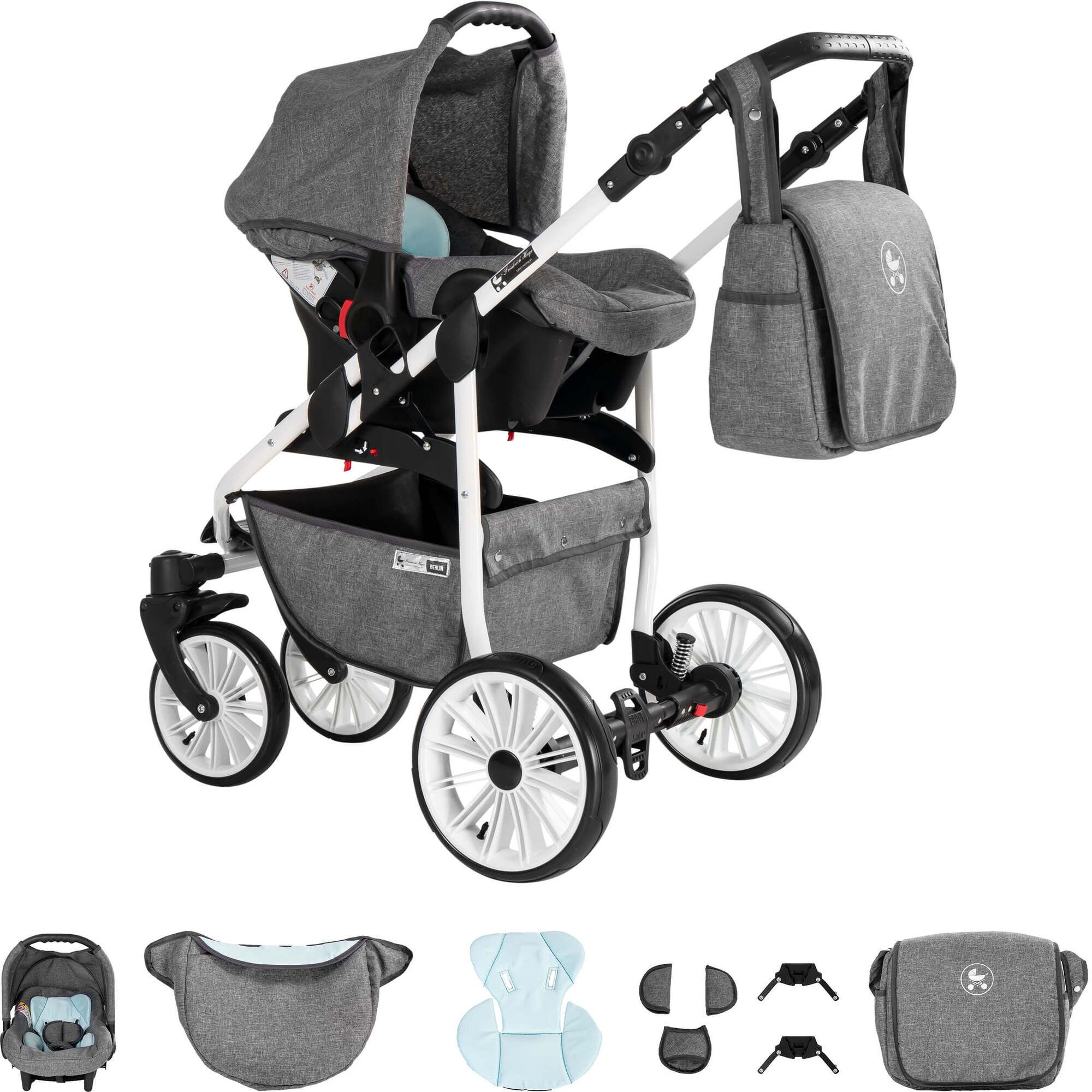 Friedrich Hugo Berlin 3 in 1 Kinderwagen Set GEL Reifen, Grey and Light Blue Day