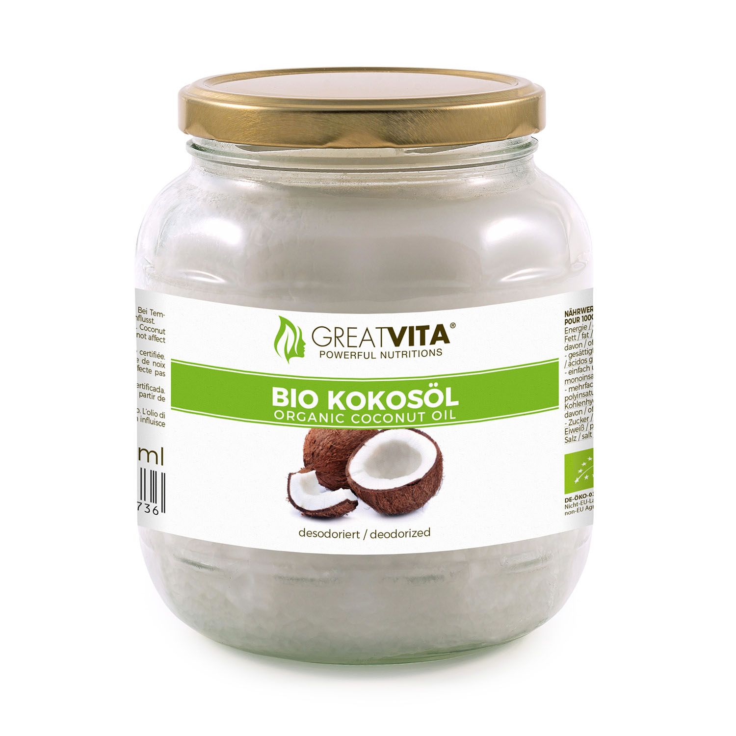 Glas mit Bio Kokosöl. Etikett mit Produktname, Marke und Kokosnuss-Illustration. Goldfarbener Deckel.