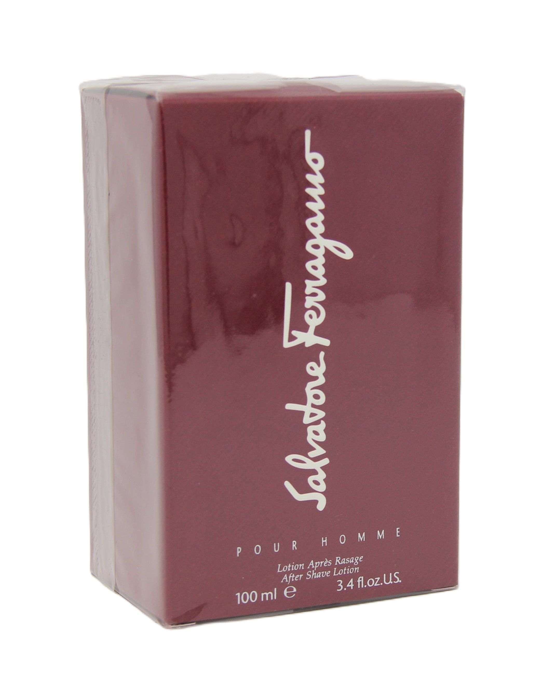 Rote Schachtel mit weißem Schriftzug Salvatore Ferragamo Pour Homme. Enthält After Shave Lotion. 100 ml.