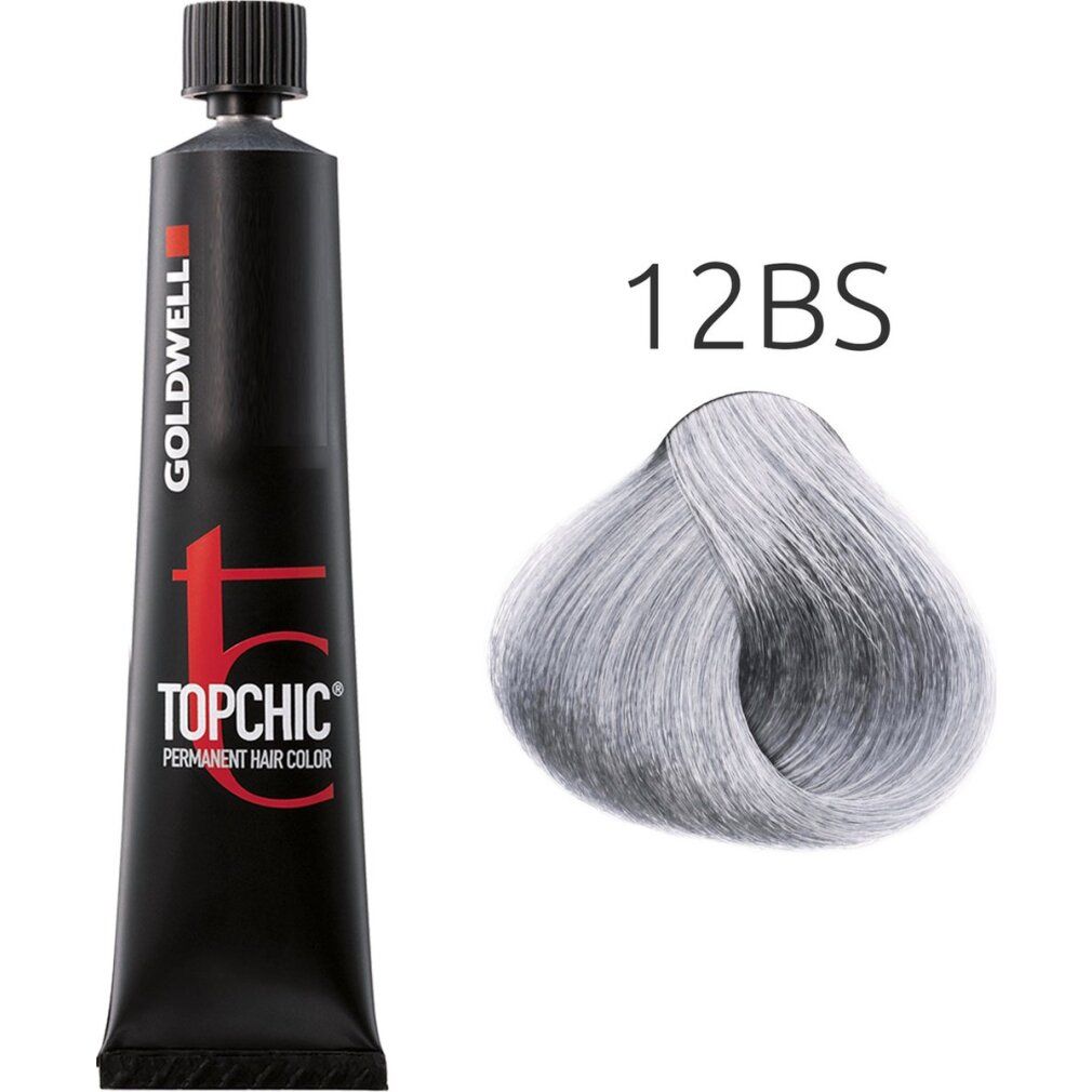 Goldwell Topchic Haarfärbung, Tube und Farbmuster. Bezeichnung 12BS. Ultra-Blond Beige Silber.