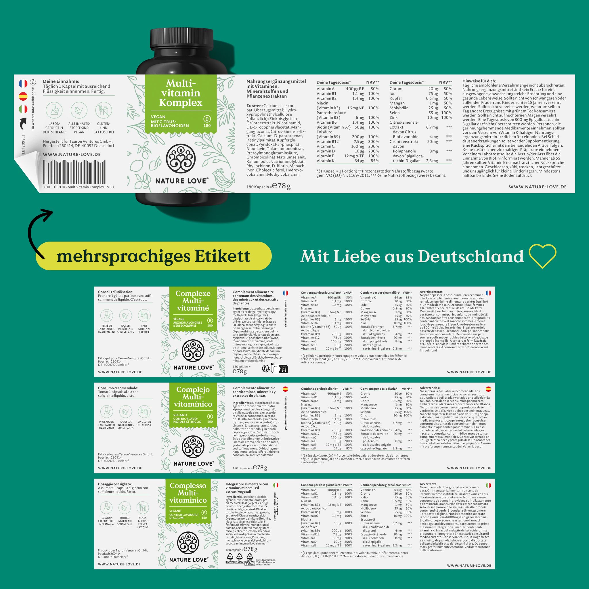 NATURE LOVE® Multivitamin Komplex – 180 Kapseln – Vit A-Z & Mineralstoffe – Grünteeextrakt