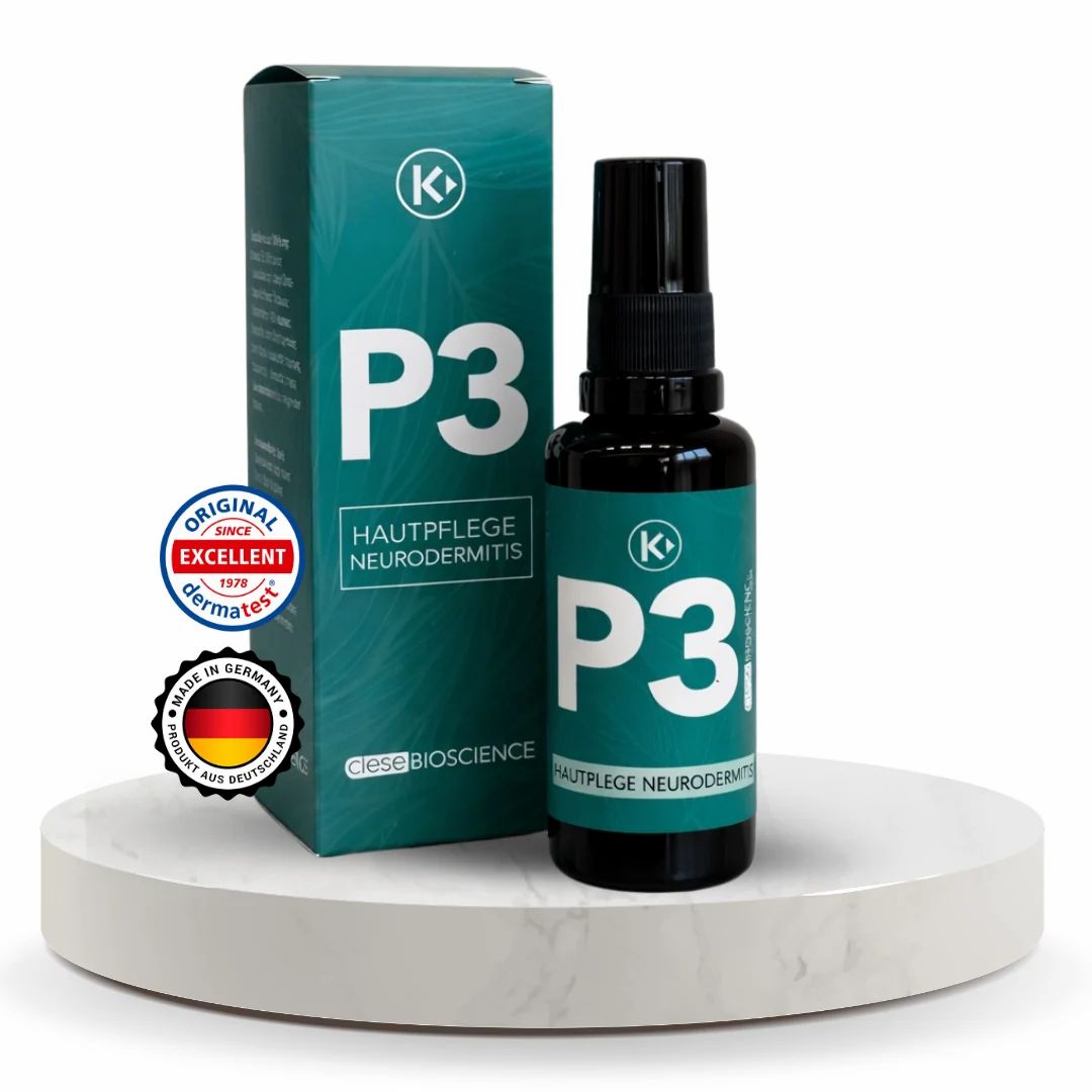 P3 Hautpflege Neurodermitis Spray mit Karton. "Original since 1979" und "Made in Germany" Siegel.