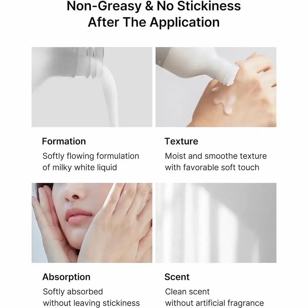 Vier Bilder zeigen: Flüssigkeitsbildung, Textur, Absorption, Duft. Produkt: Dual Barrier Creamy Toner.