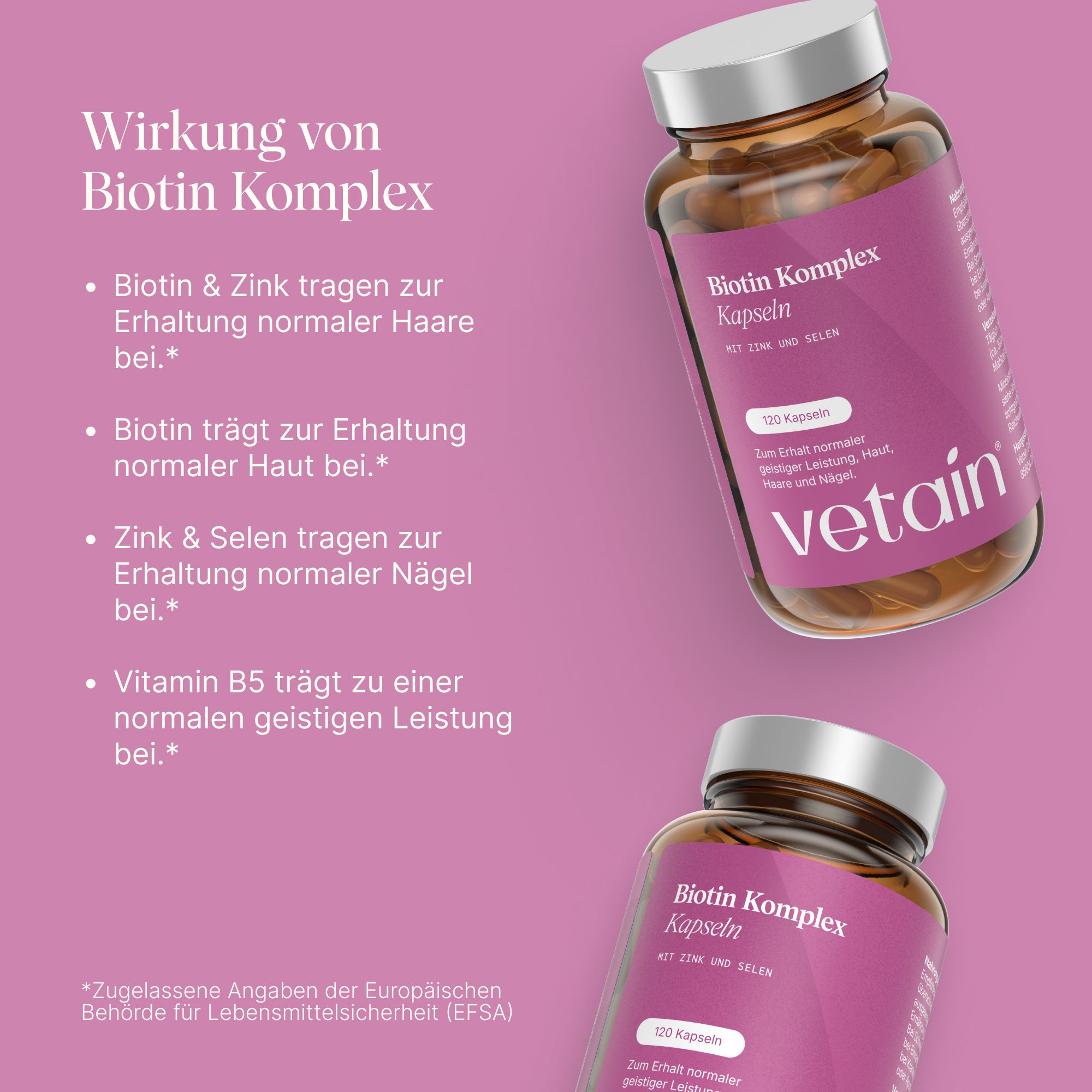 VETAIN Biotin Zink Selen Komplex - Mit Silizium & Vitamin B5 - Für Haare, Haut & Nägel - hochdosiert
