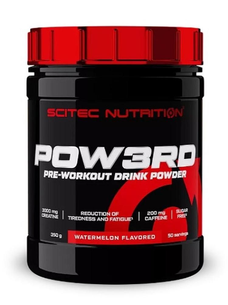 Schwarze Dose mit rotem Deckel. Aufschrift: Scitec Nutrition, Pow3rd, Pre-Workout Drink Powder. 350g, Wassermelone Geschmack, 50 Portionen.