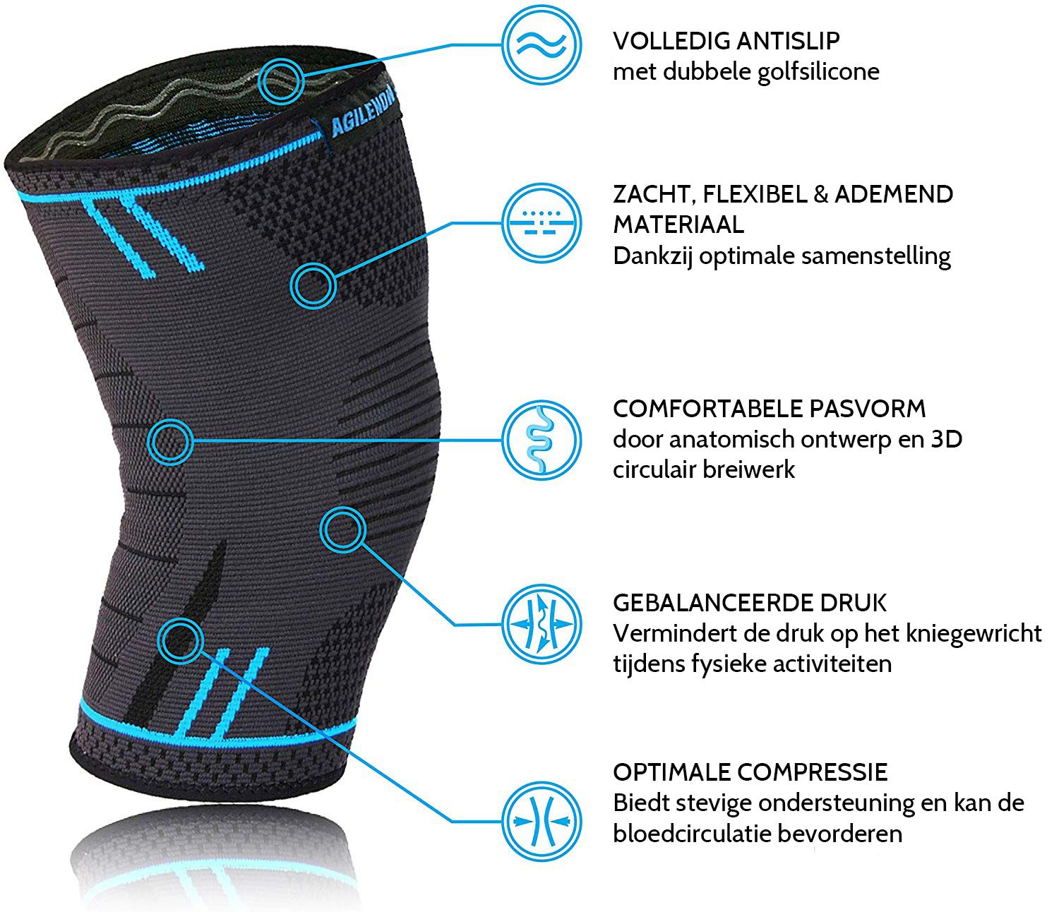 Kniebeschermer met blauwe accenten. Diagram met eigenschappen: antislip, ademend, elastisch, comfortabel, balans.