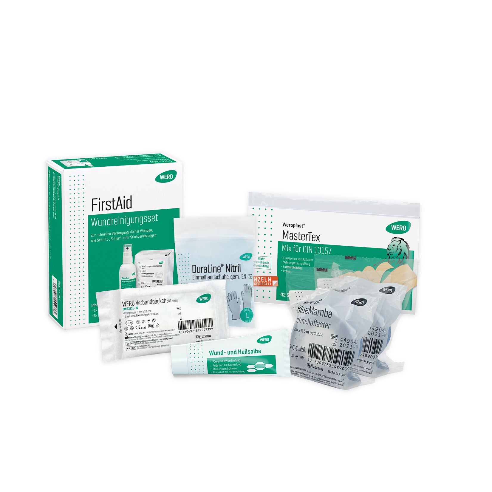Verbandskasten mit verschiedenen medizinischen Produkten. Enthält Reinigungsmittel, Handschuhe, Pflaster und Wundsalbe.