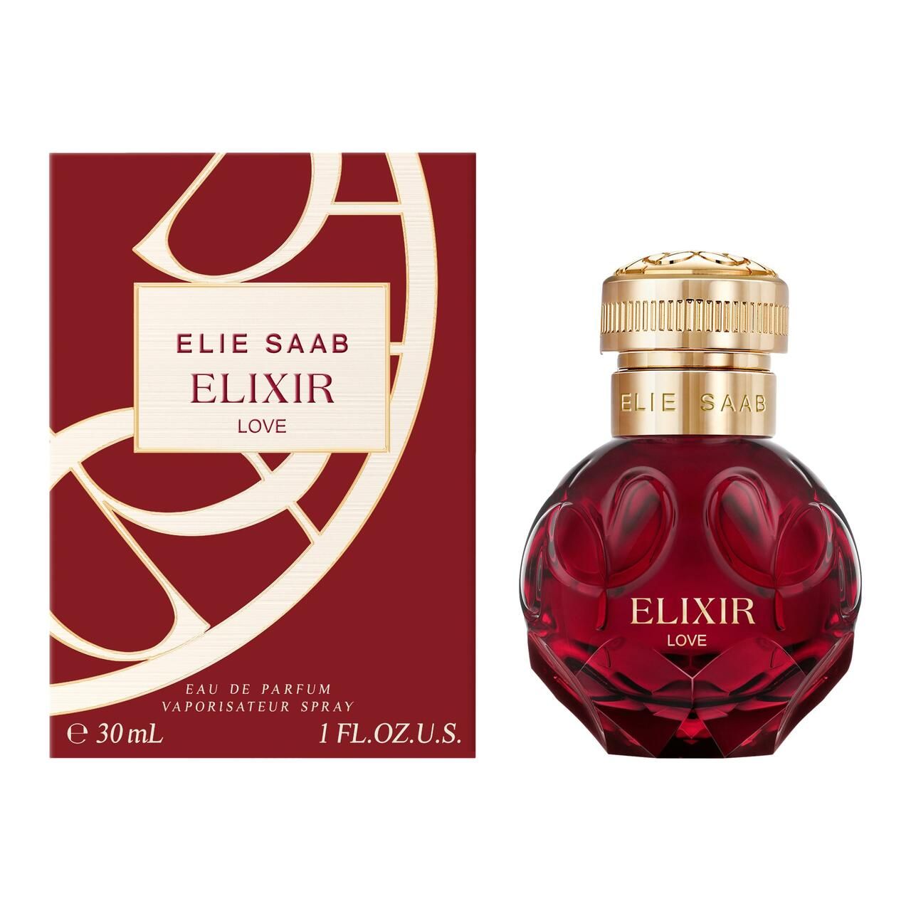ELIE SAAB ELIXIR LOVE Eau de Parfum Flakon und Verpackung. Roter Flakon und Verpackung. Aufschrift: ELIXIR LOVE, 30 ml.
