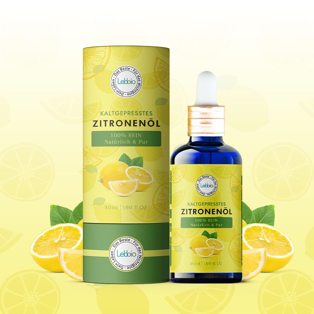 Zitronenöl-Flasche und Verpackung. Blaue Flasche mit Pipette, grüne Verpackung. Aufschrift: Zitronenöl, 100% rein, natürlich & pur.