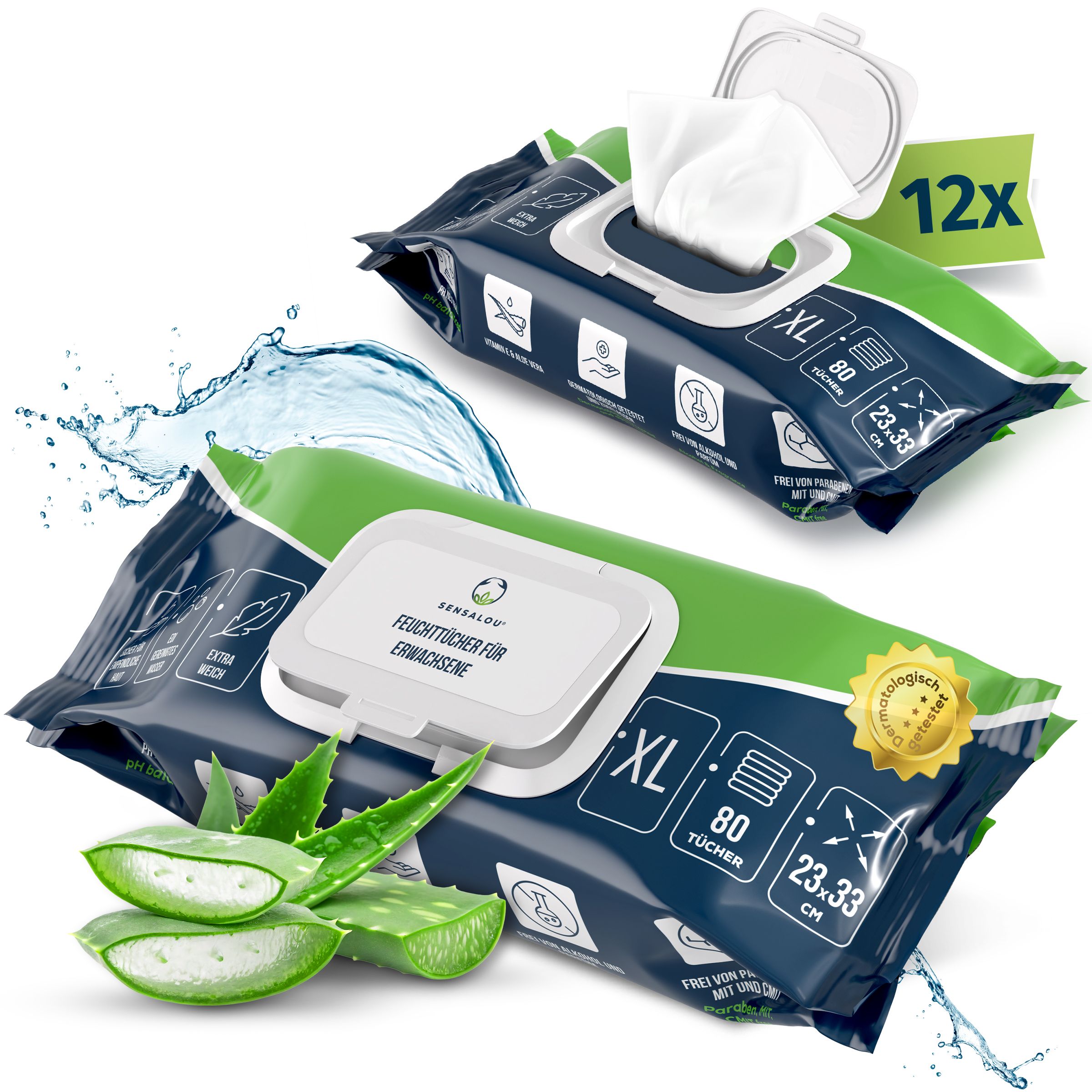 Zwei Feuchttücher-Verpackungen mit Deckel, Aloe Vera. Text: 80 Tücher, 23,33 cm, dermatologisch getestet.