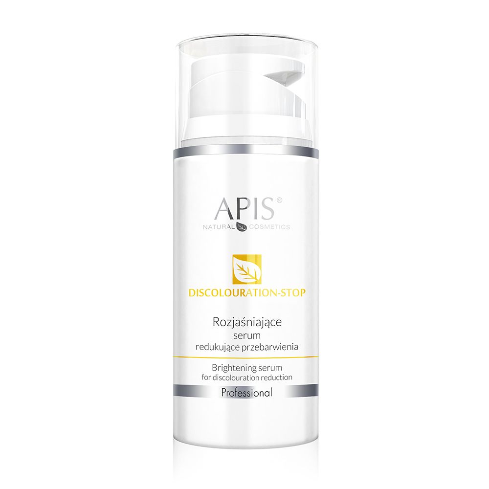 Weißer Serumflakon mit APIS-Logo und Produktbezeichnung. Aufschrift: DISCOLOURATION-STOP. Mit Spenderkopf.