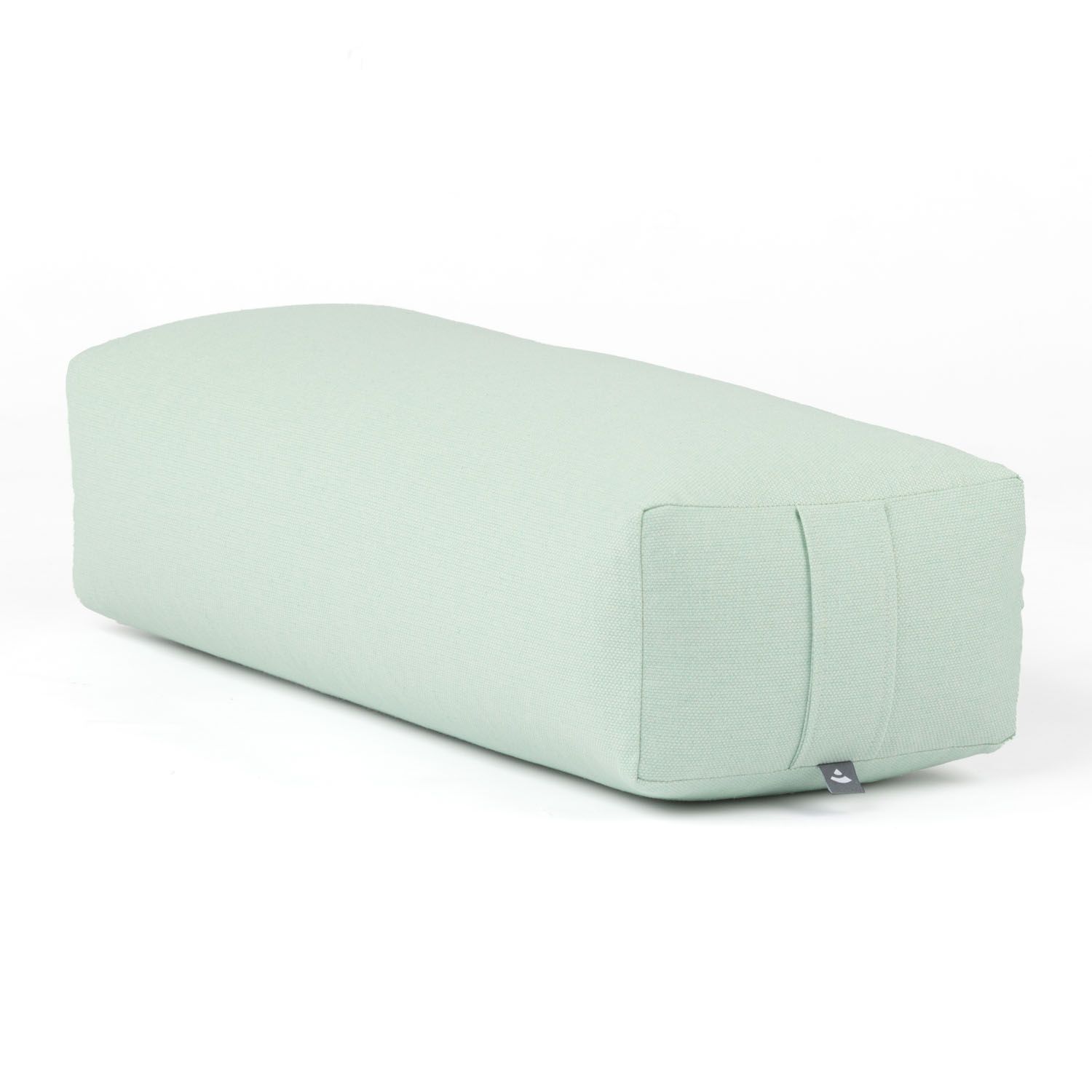 Minzfarbenes Yoga-Bolster. Zylindrische Form, Dobby-Gewebe. Logo-Detail. Nahtdetails.