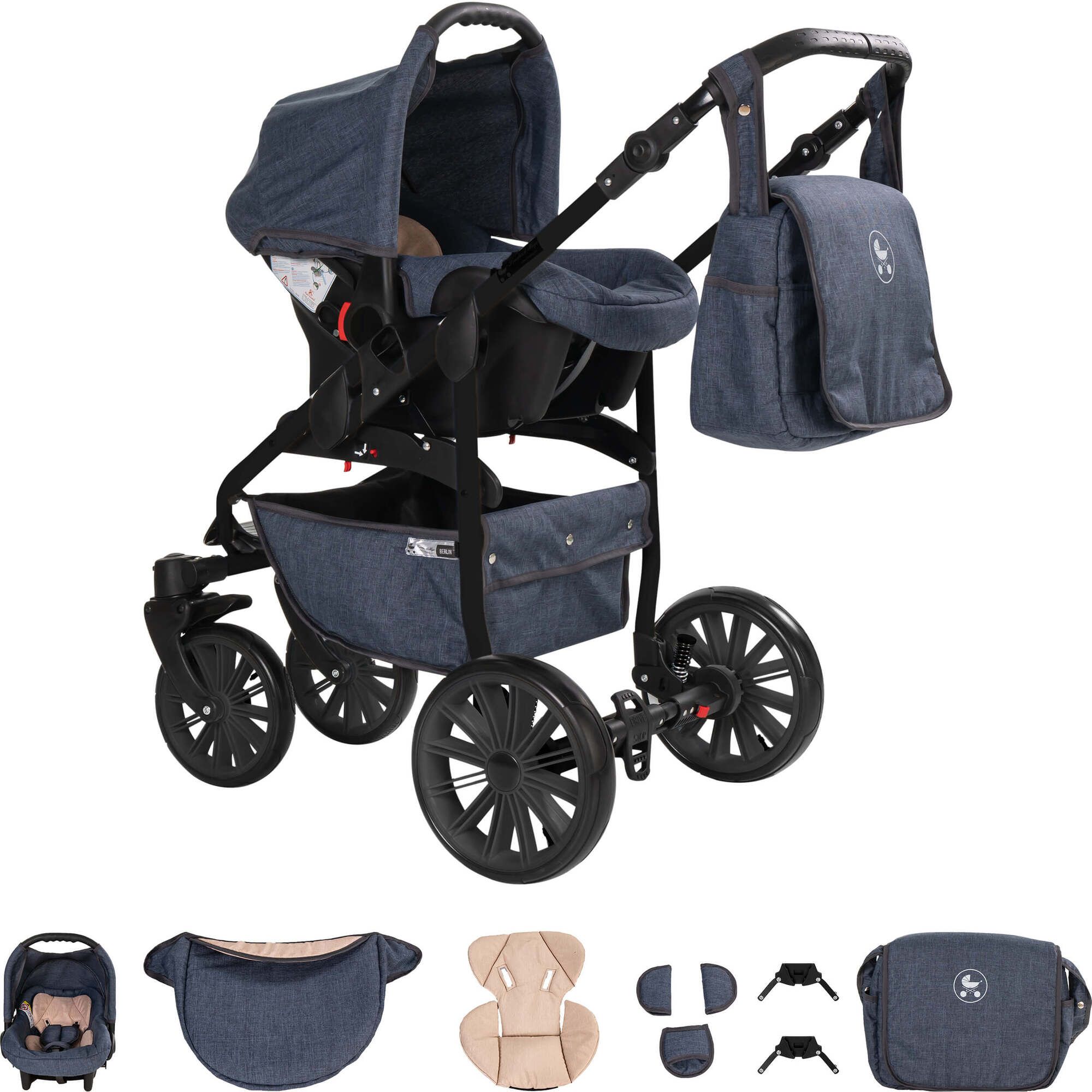 Friedrich Hugo Berlin 3 in 1 Kinderwagen Set Luftreifen, Dark Blue and Beige Night