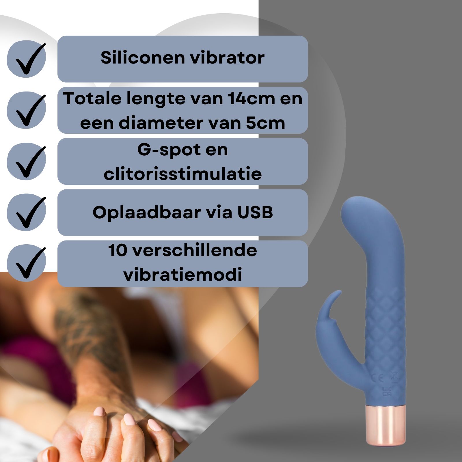 Blauwe siliconen vibrator met roségouden basis. Tekst met productkenmerken.