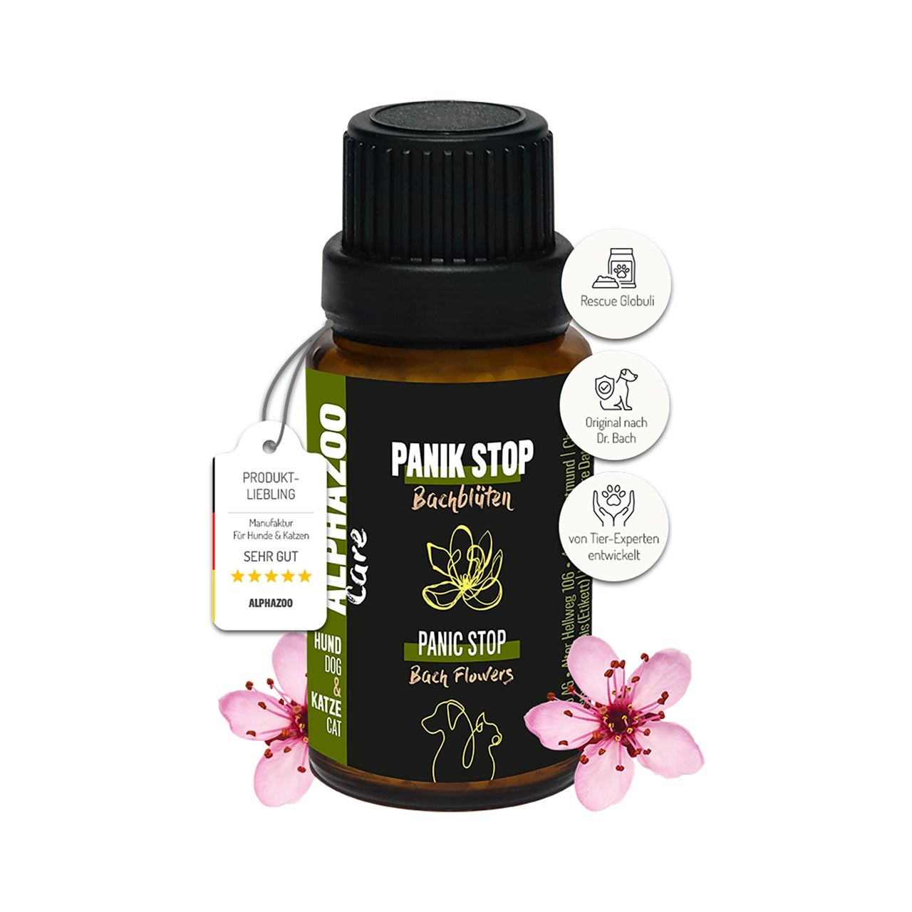 Braune Flasche mit schwarzem Deckel. Aufschrift: PANIK STOP Bachblüten. Etikett mit Logo und Produktinformationen. Blüten und Anhänger.