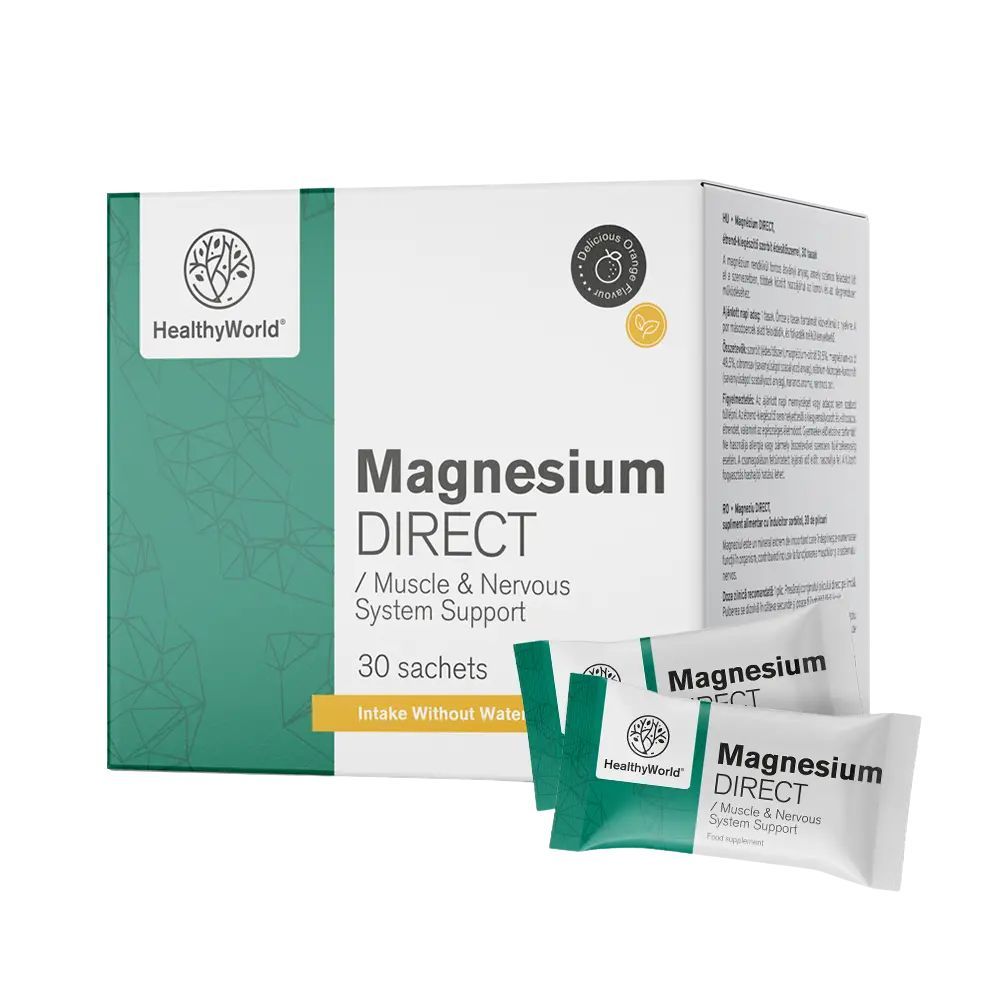 Schachtel mit HealthyWorld Magnesium DIRECT, 30 Sachets. Einige Sachets liegen davor. Aufschrift: Muscle & Nervous System Support.