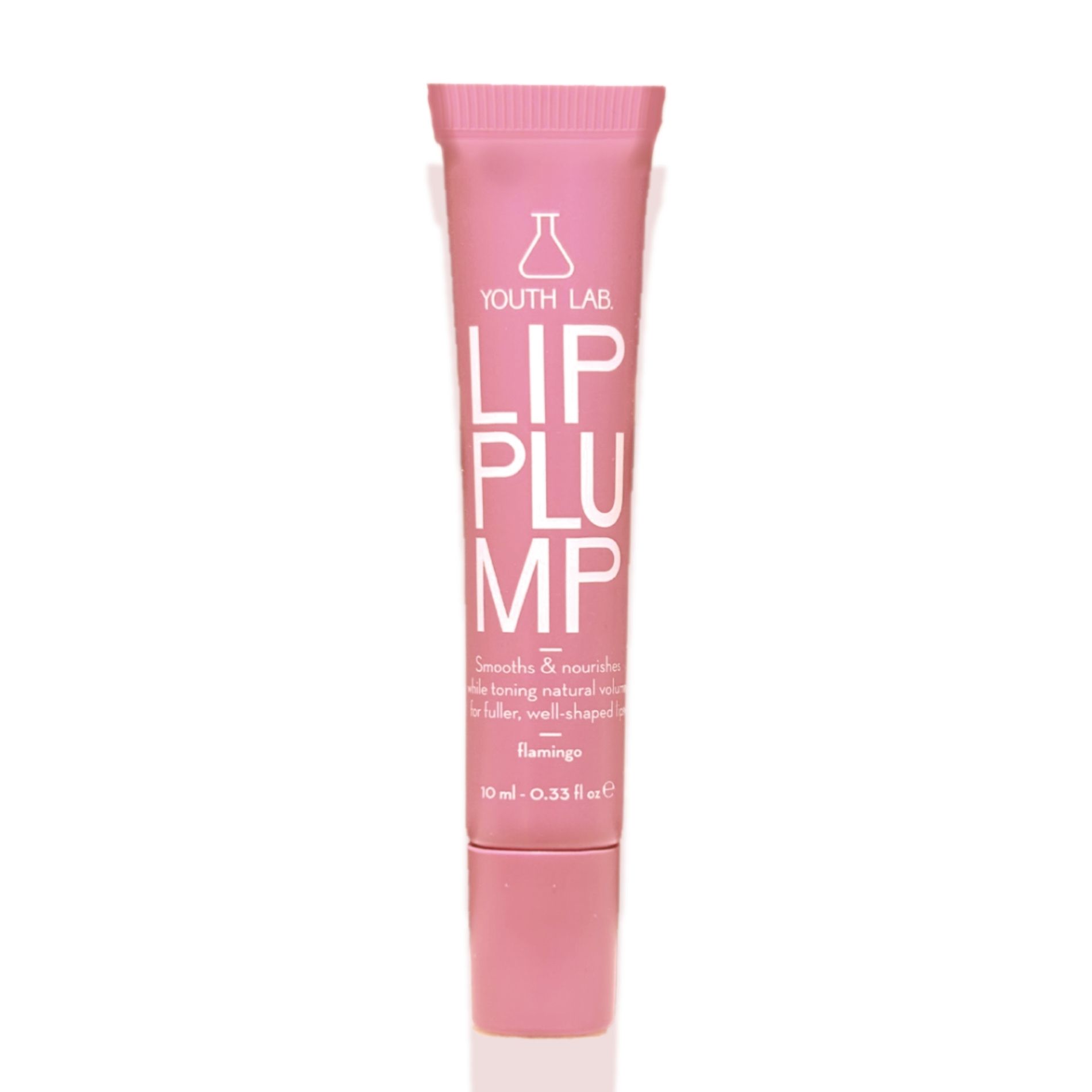 Rosa Tube mit weißer Schrift. Enthält YOUTH LAB, LIP PLUMP. Text: Flamingo, 10 ml. Mit Applikator. Kosmetisches Produkt.