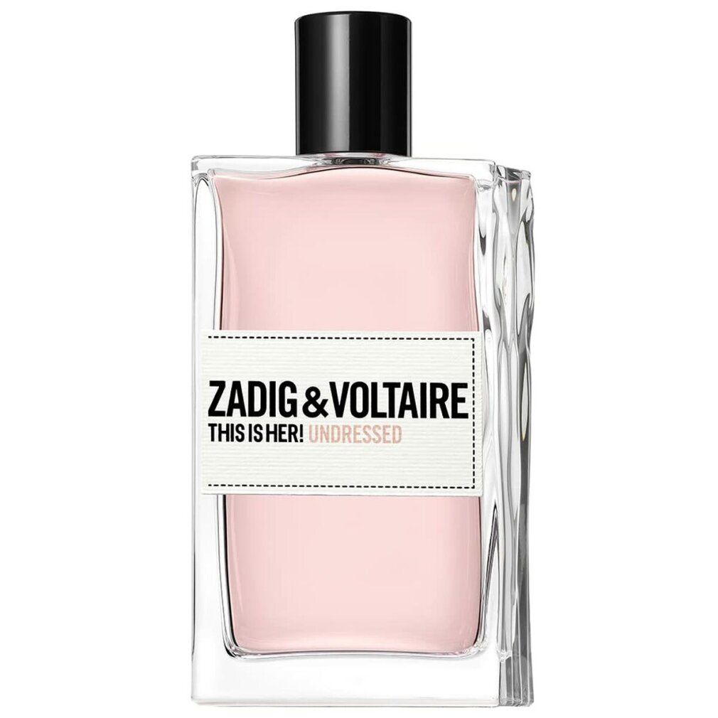 Parfümflasche. Aufschrift: Zadig & Voltaire This Is Her! Undressed. Rosa Flüssigkeit, schwarzer Verschluss. Eckiges Design.