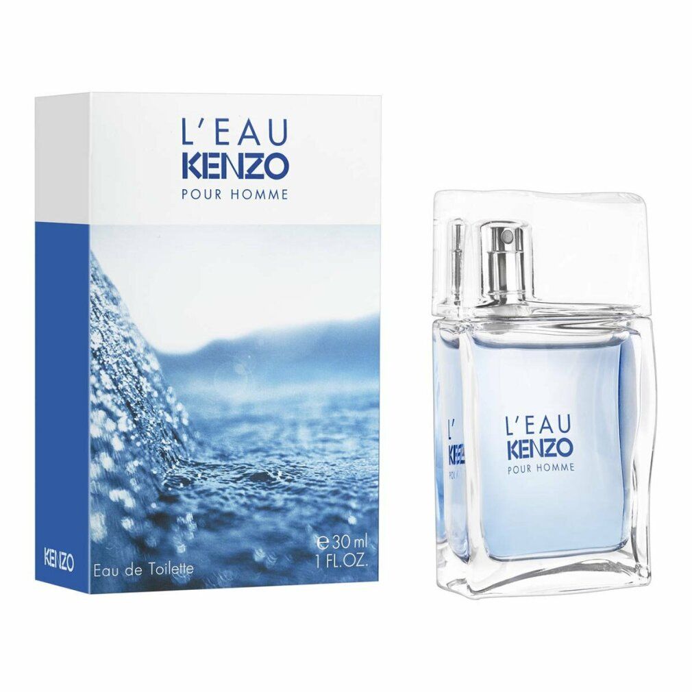 Kenzo L'Eau Par Kenzo pour Homme Flakon und Verpackung. Flakon neben Verpackung. Verpackung mit Wellenmotiv und Schriftzug.