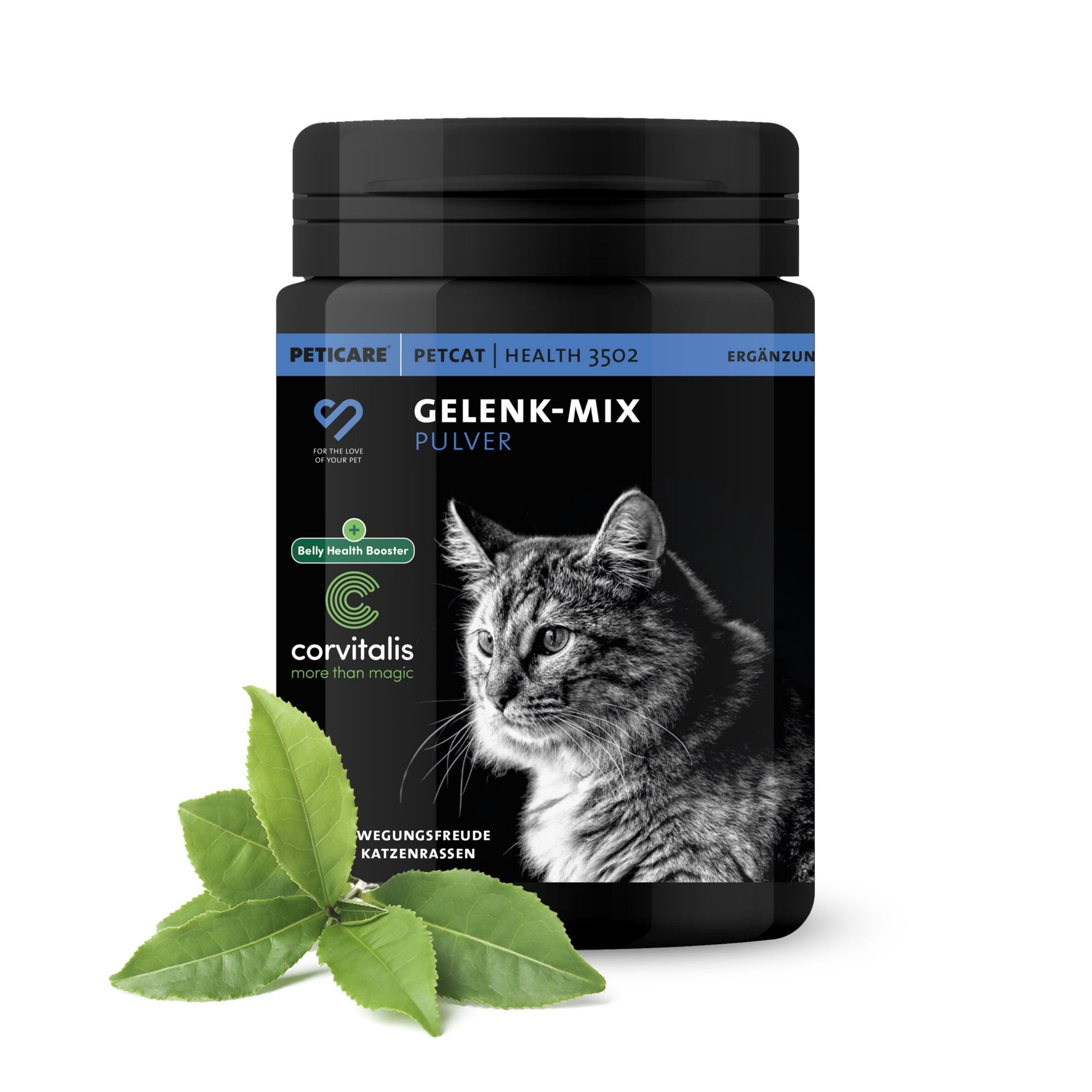 Schwarze Dose mit Pulver. Text: Gelenk-Mix Pulver. Logo: Peticare, Katze.