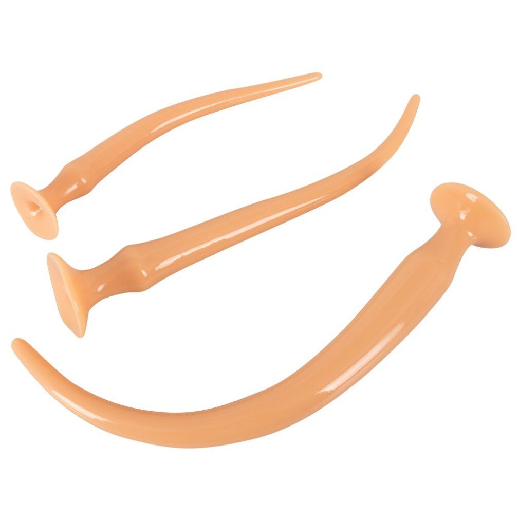 Drei beige, gebogene Anal-Plug-Spielzeuge. Verschiedene Größen, mit Basis.