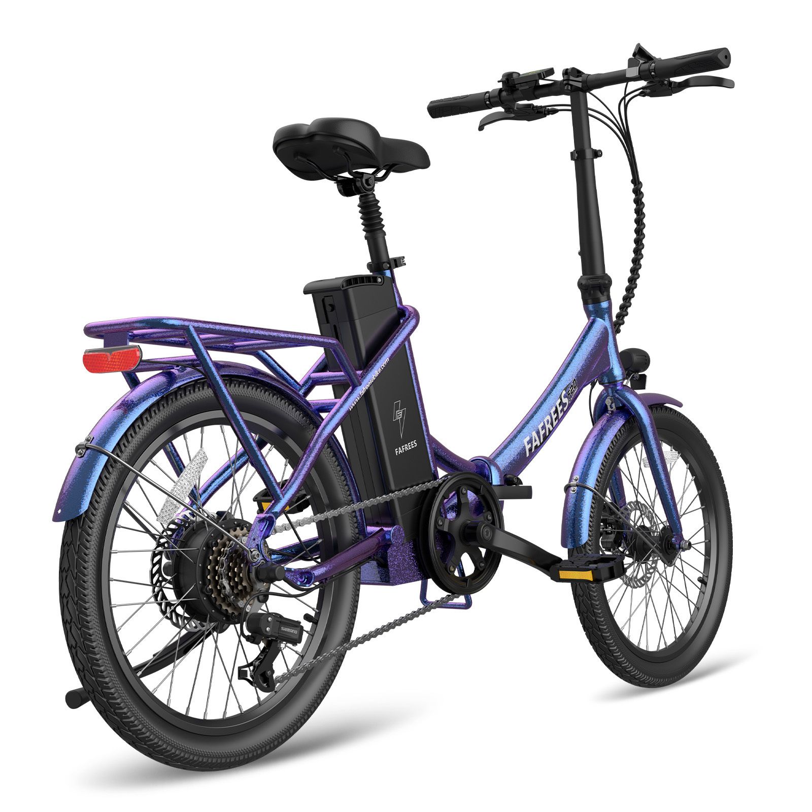Blau-violettes Elektrofahrrad mit schwarzem Sattel und Gepäckträger. Marke FAFREES.