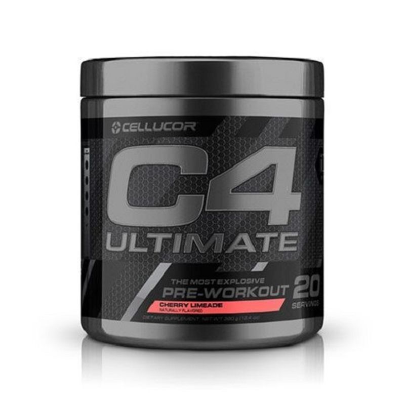 Runde, schwarze Dose mit Deckel. Aufschrift "C4 ULTIMATE" und "PRE-WORKOUT". "Cherry Limeade"-Geschmack. 20 Portionen.